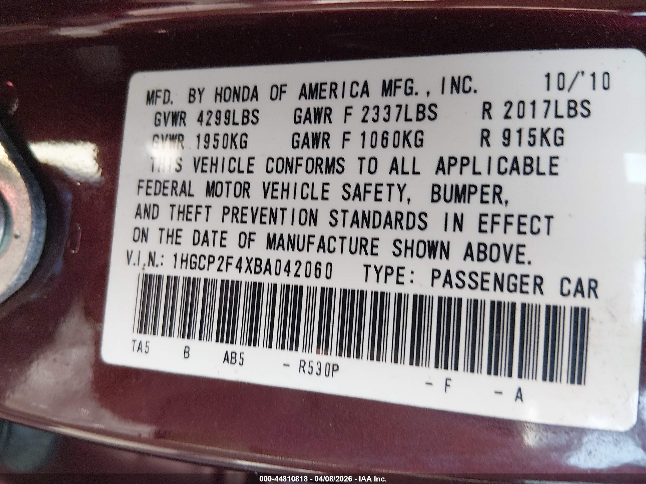 2011 Honda Accord 2.4 Lx-p Burgundy vin: 1HGCP2F4XBA042060