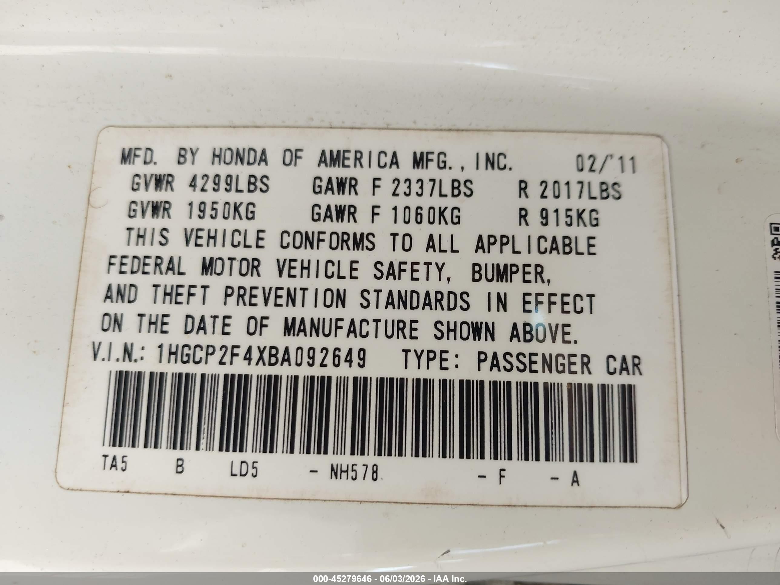 2011 Honda Accord 2.4 Lx-p White vin: 1HGCP2F4XBA092649