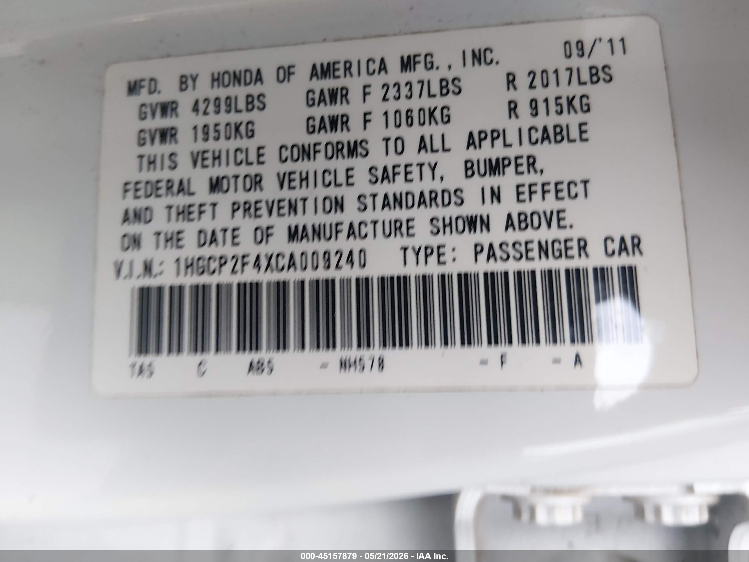 2012 Honda Accord 2.4 Lx-p White vin: 1HGCP2F4XCA009240