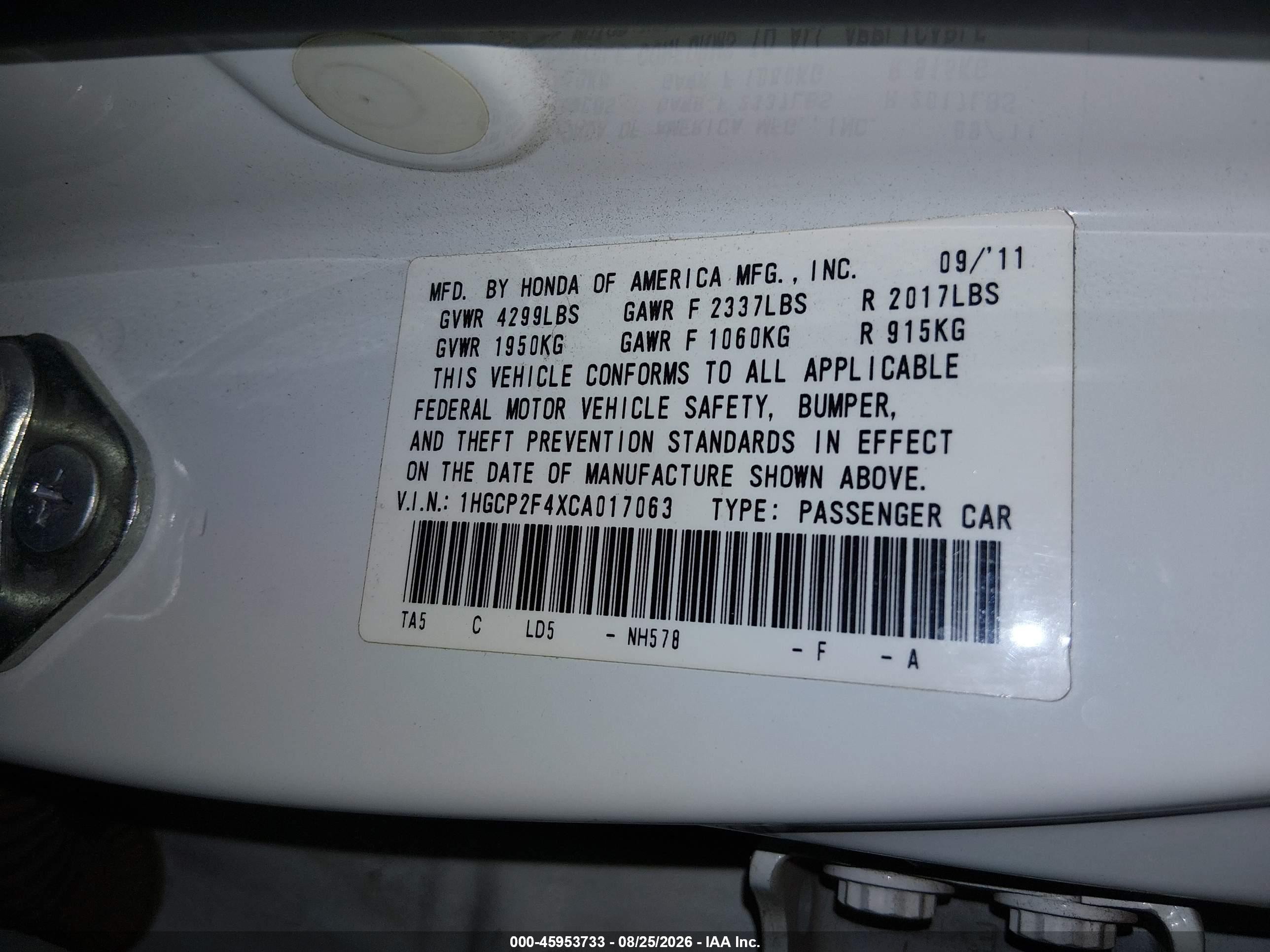 2012 Honda Accord 2.4 Lx-p White vin: 1HGCP2F4XCA017063