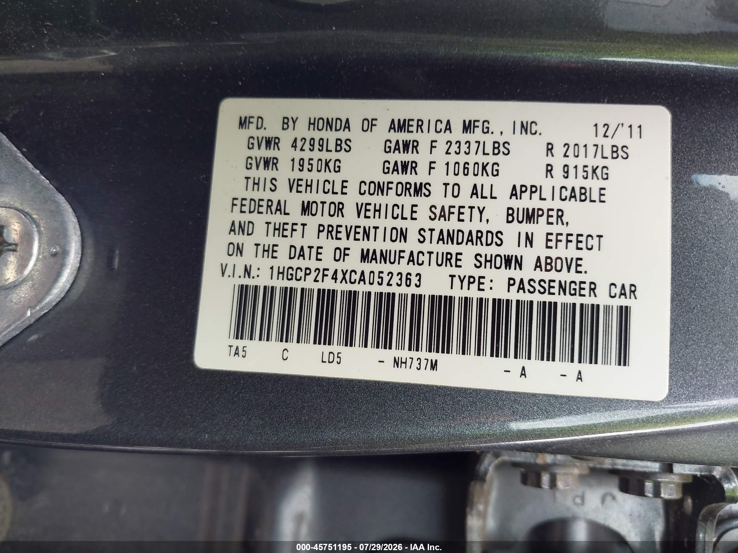 2012 Honda Accord 2.4 Lx-p Gray vin: 1HGCP2F4XCA052363
