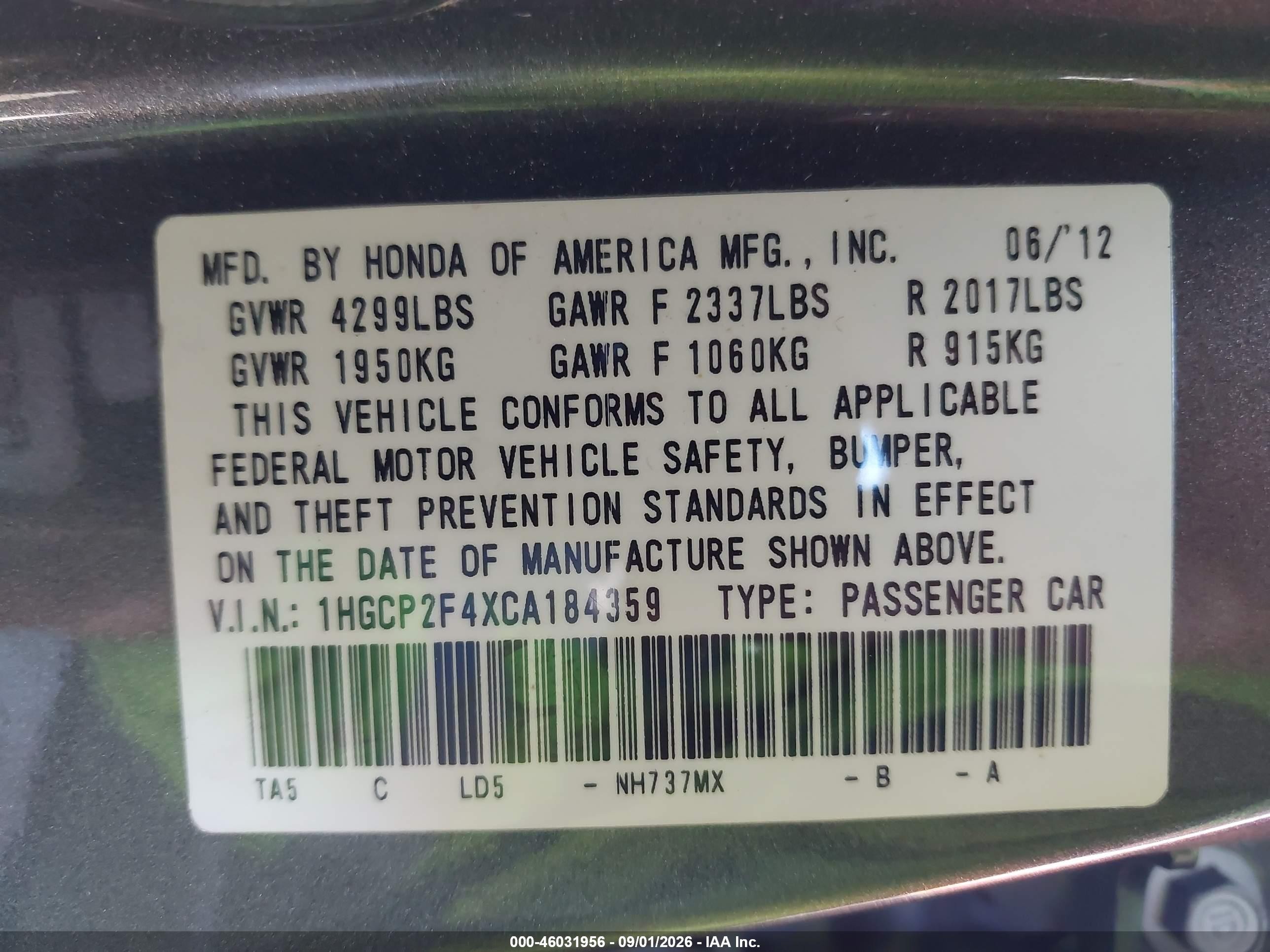 2012 Honda Accord 2.4 Lx-p Gray vin: 1HGCP2F4XCA184359