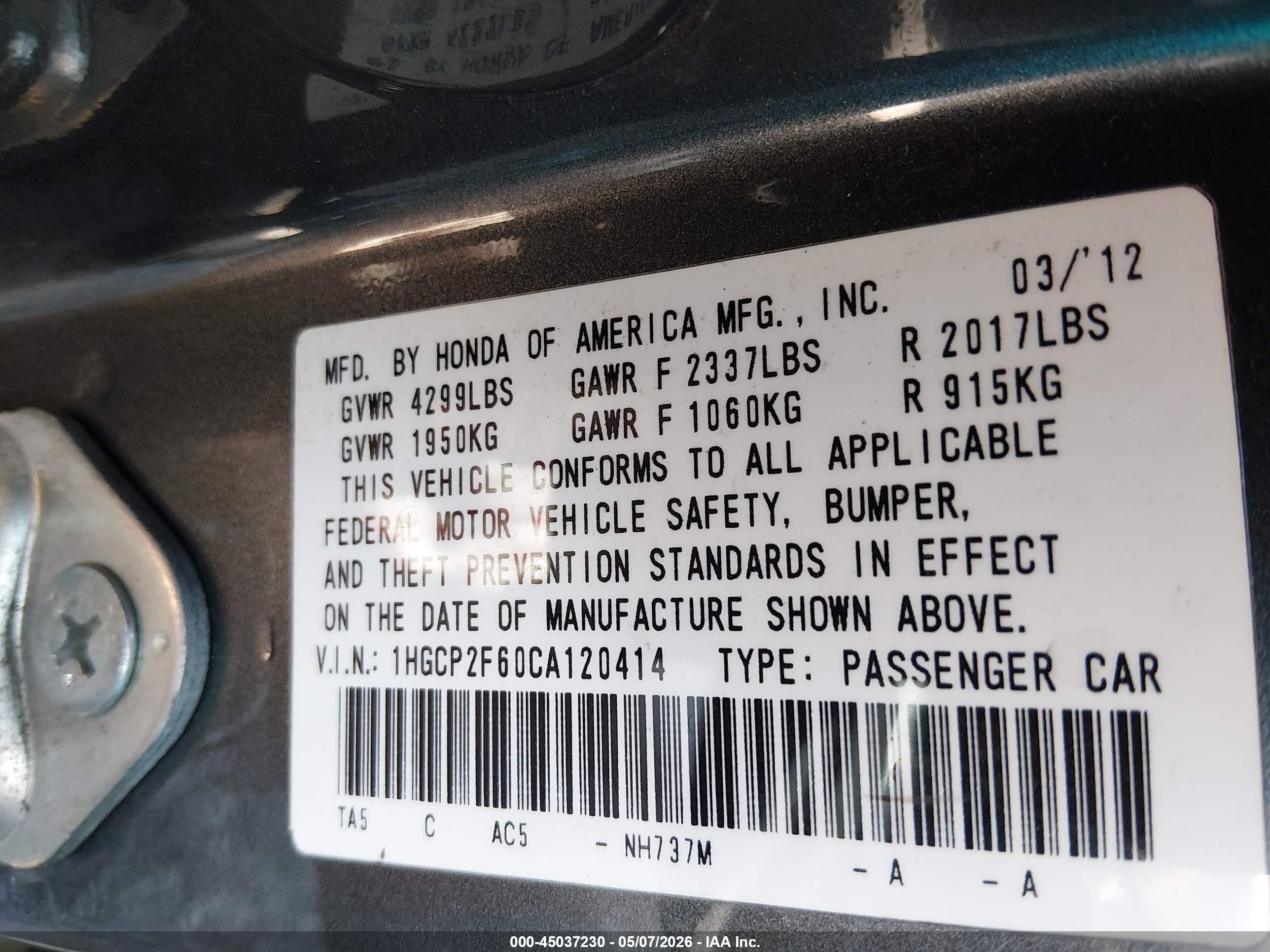 2012 Honda Accord 2.4 Se Gray vin: 1HGCP2F60CA120414