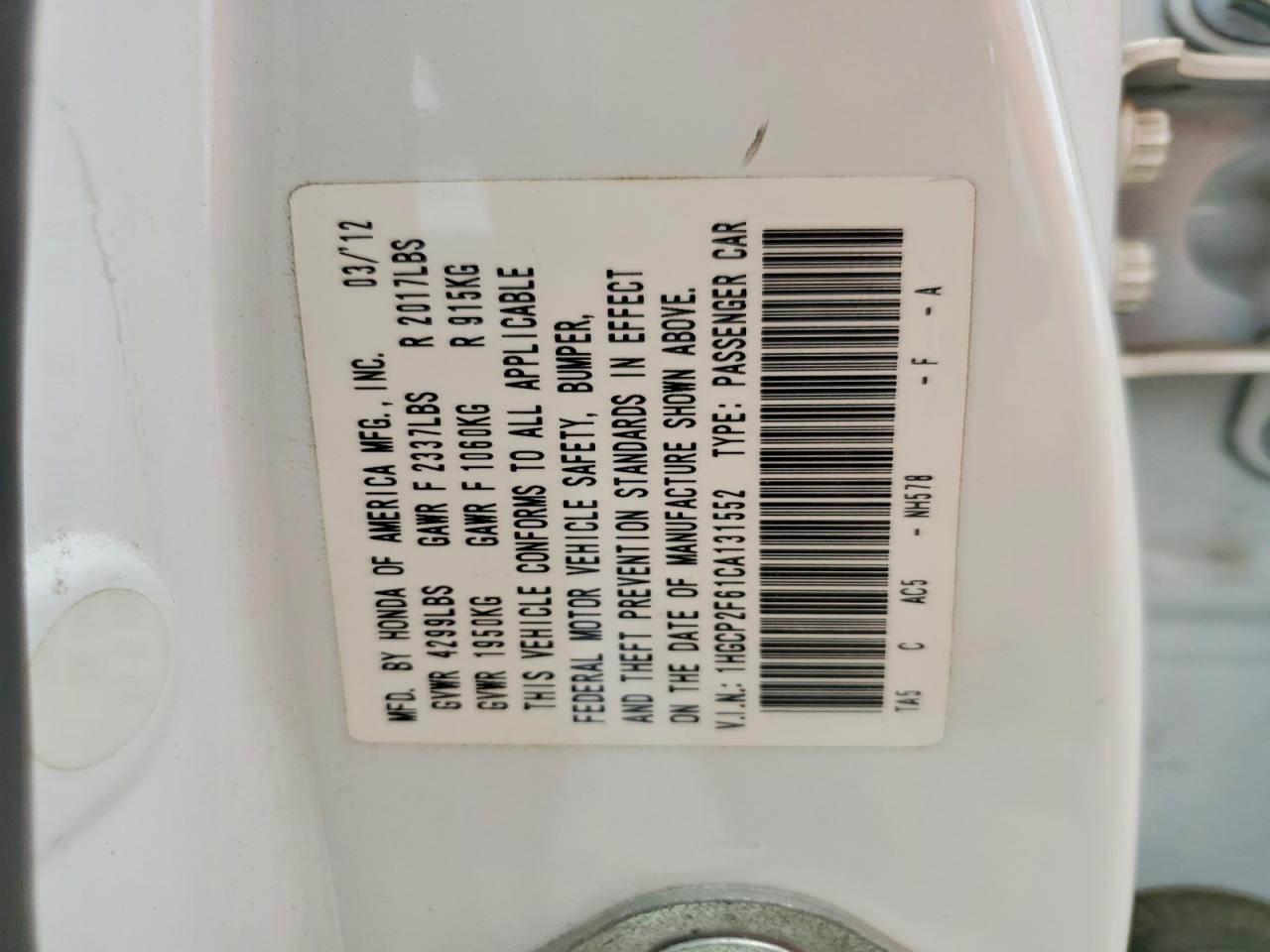 2012 Hond Accord White vin: 1HGCP2F61CA131552