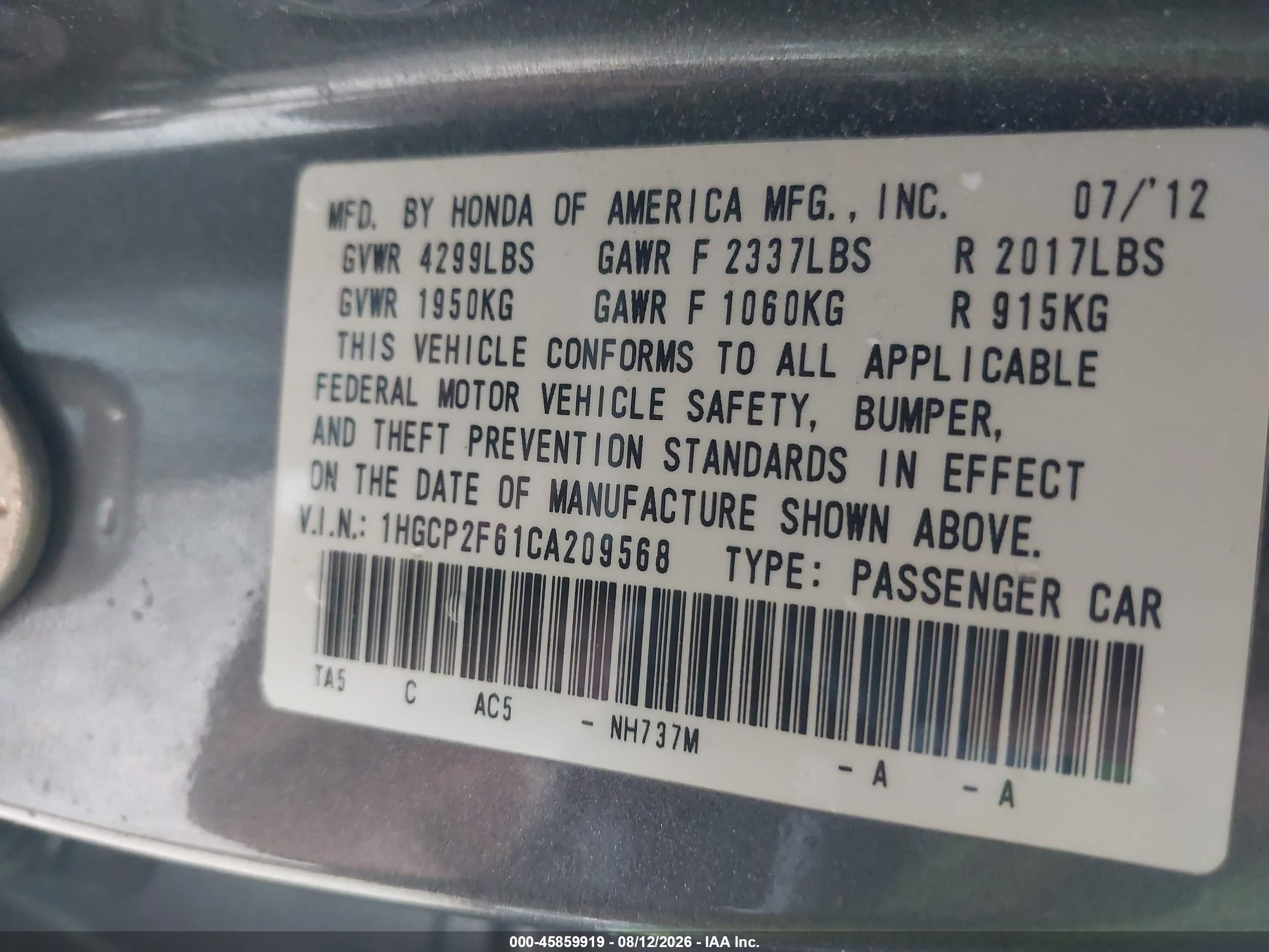 2012 Honda Accord 2.4 Se Gray vin: 1HGCP2F61CA209568