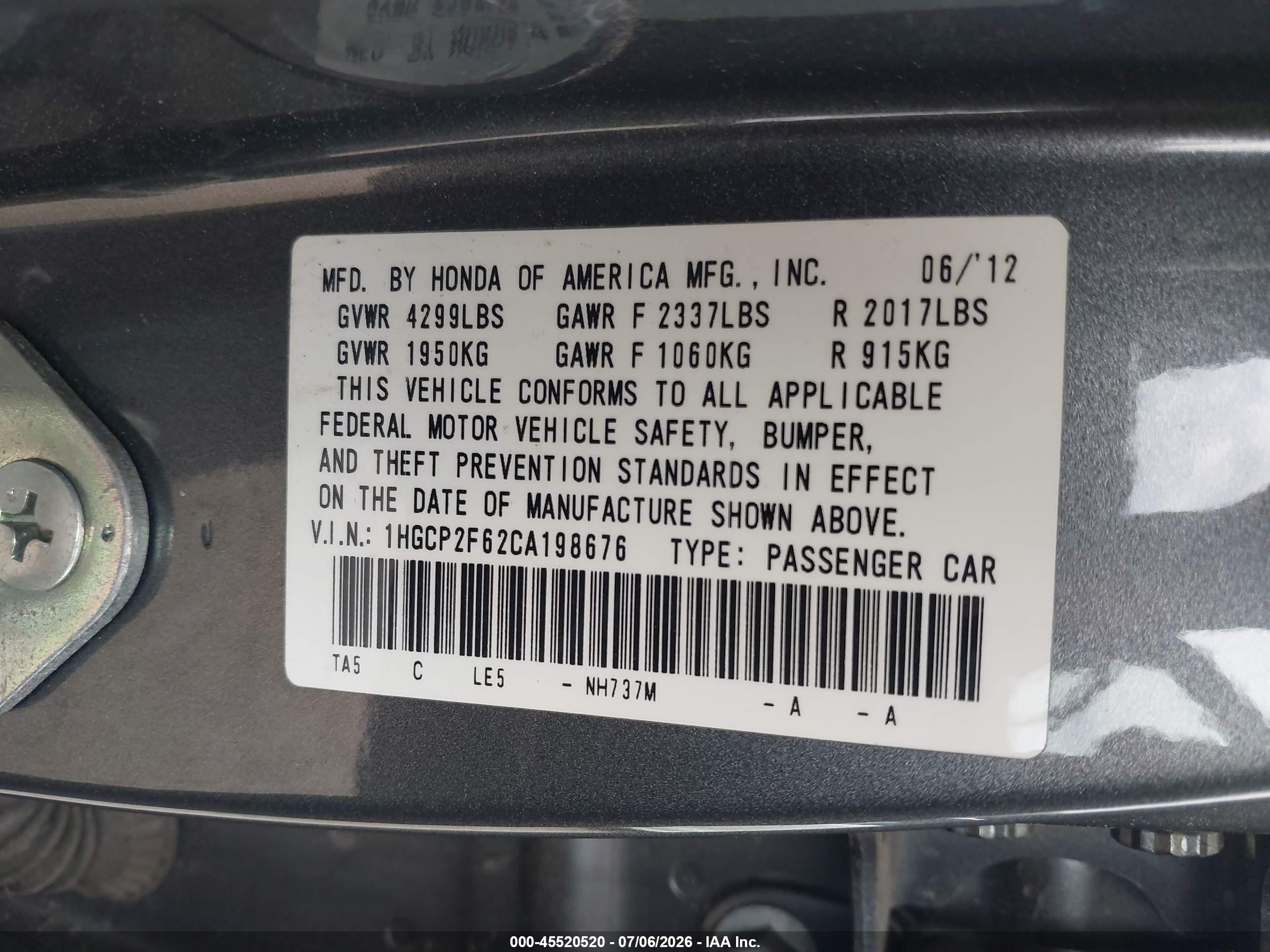 2012 Honda Accord 2.4 Se Серый vin: 1HGCP2F62CA198676