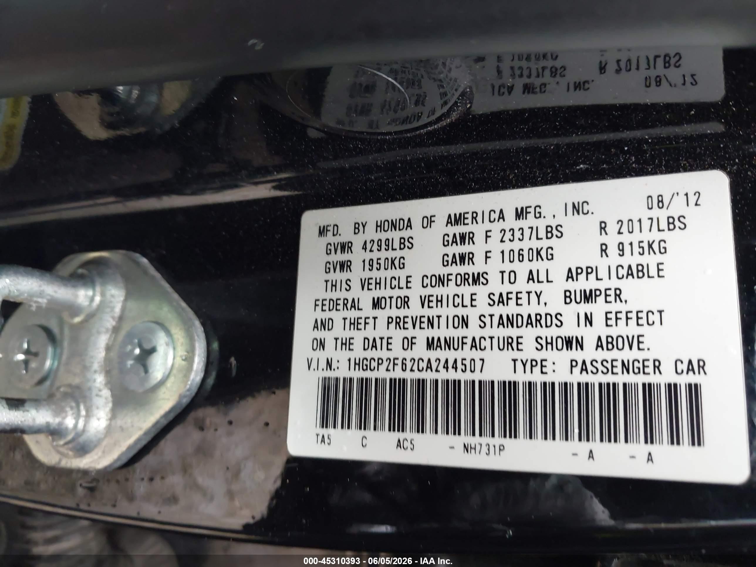 2012 Honda Accord 2.4 Se Black vin: 1HGCP2F62CA244507