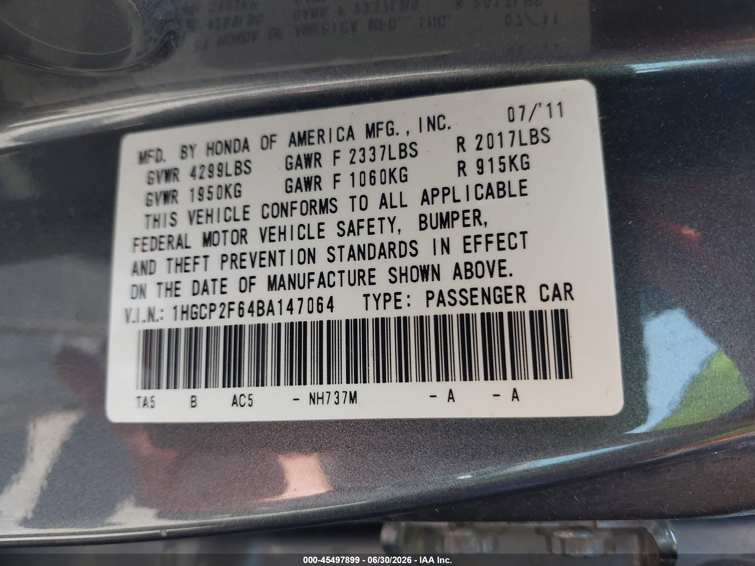 2011 Honda Accord 2.4 Se Gray vin: 1HGCP2F64BA147064