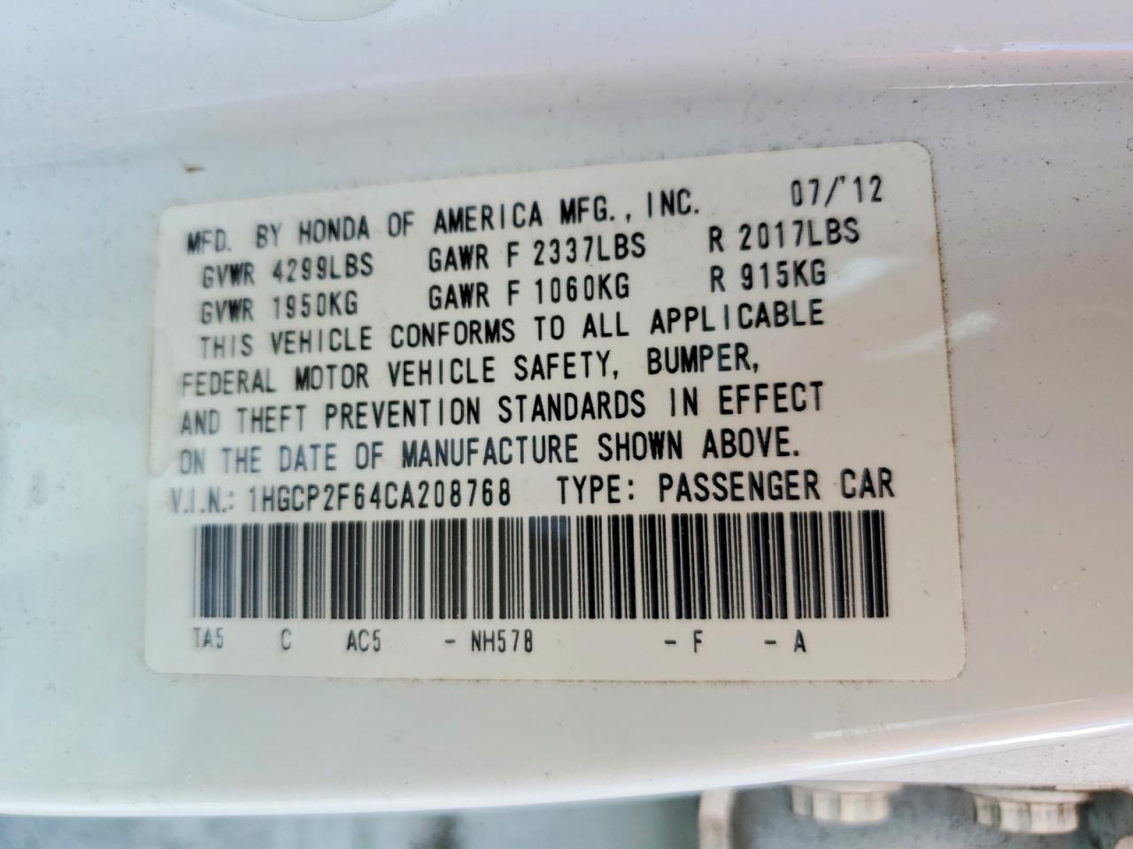 2012 Honda Accord Se White vin: 1HGCP2F64CA208768