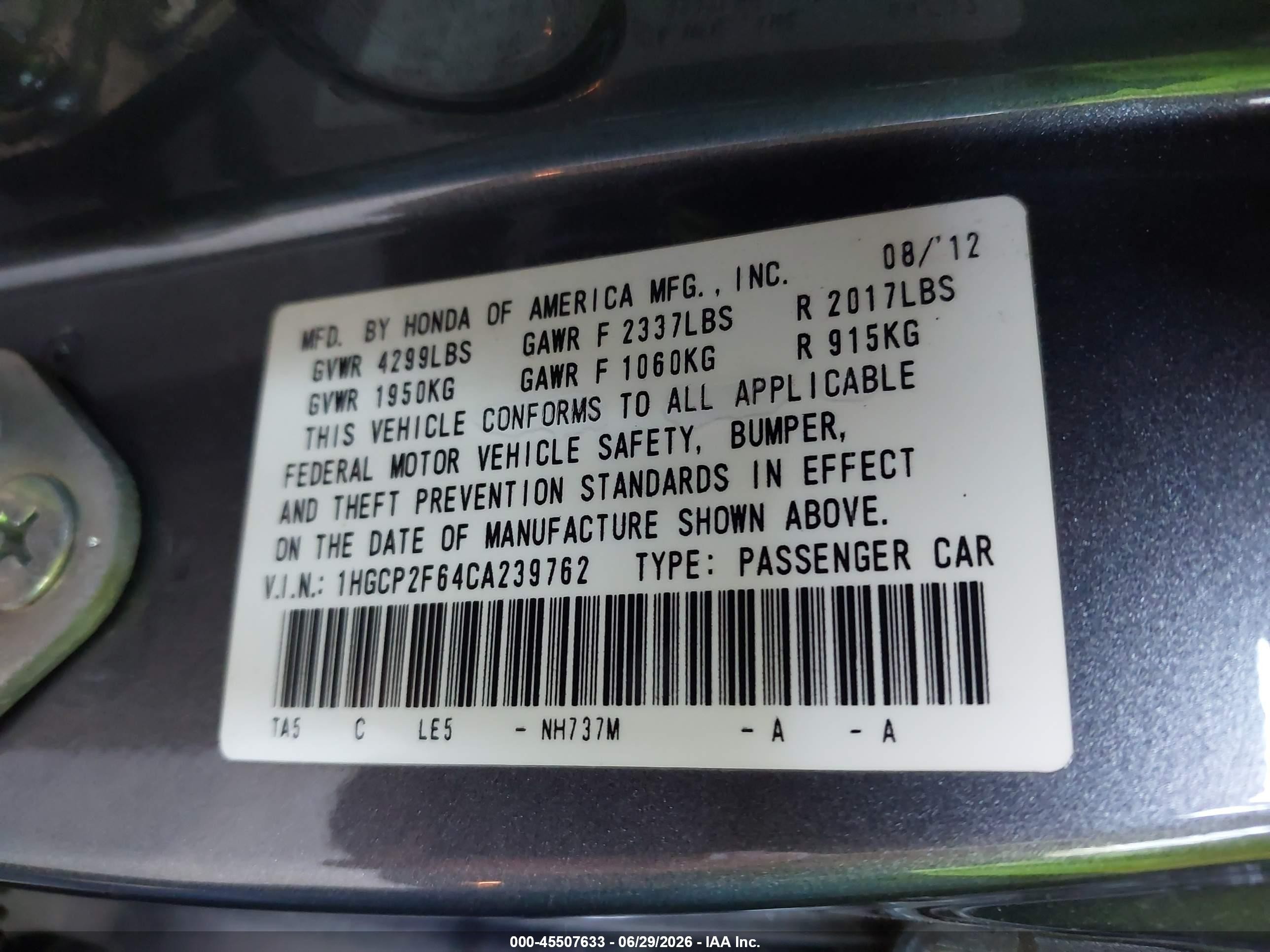2012 Honda Accord 2.4 Se Gray vin: 1HGCP2F64CA239762