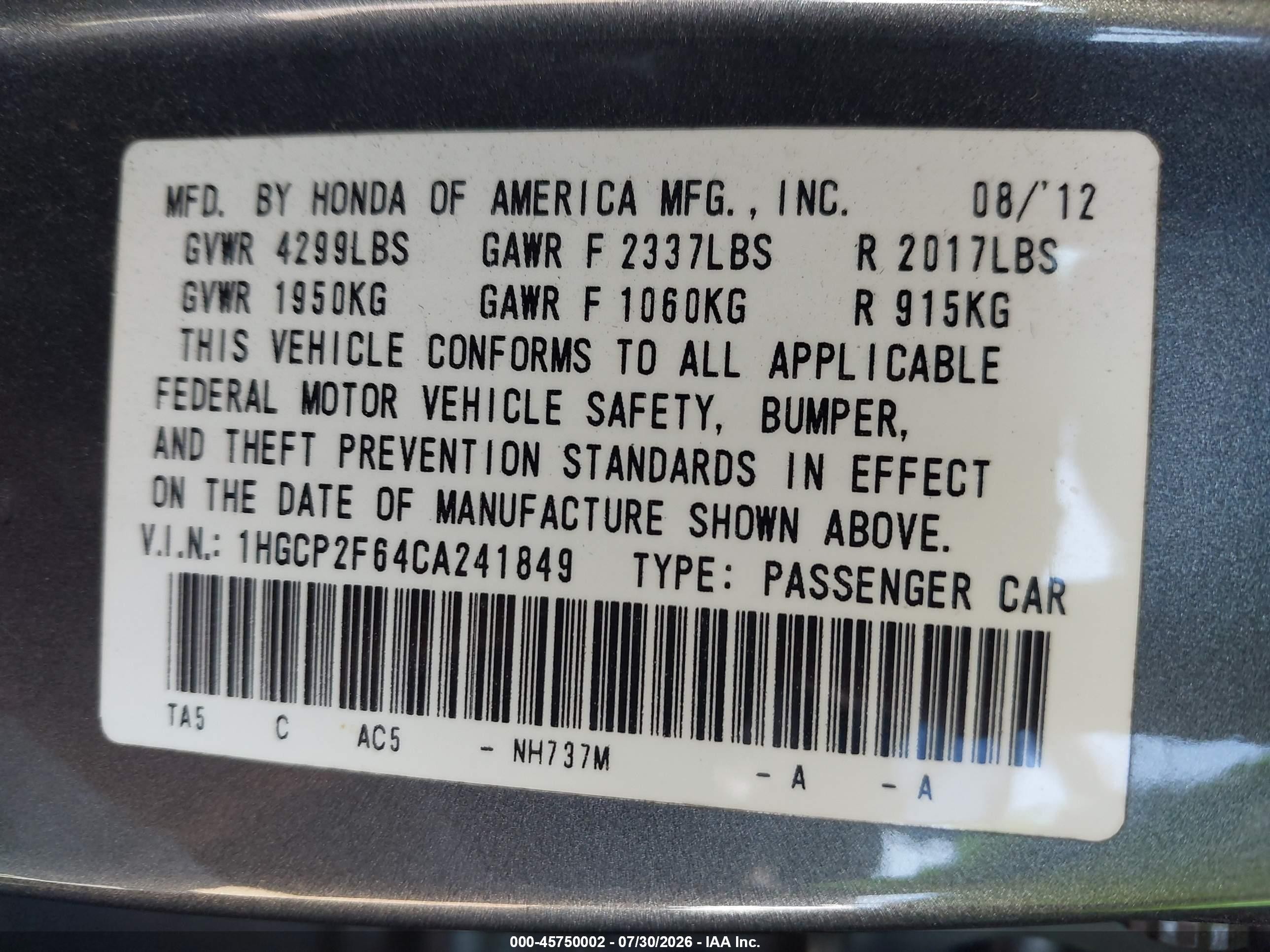 2012 Honda Accord 2.4 Se Gray vin: 1HGCP2F64CA241849