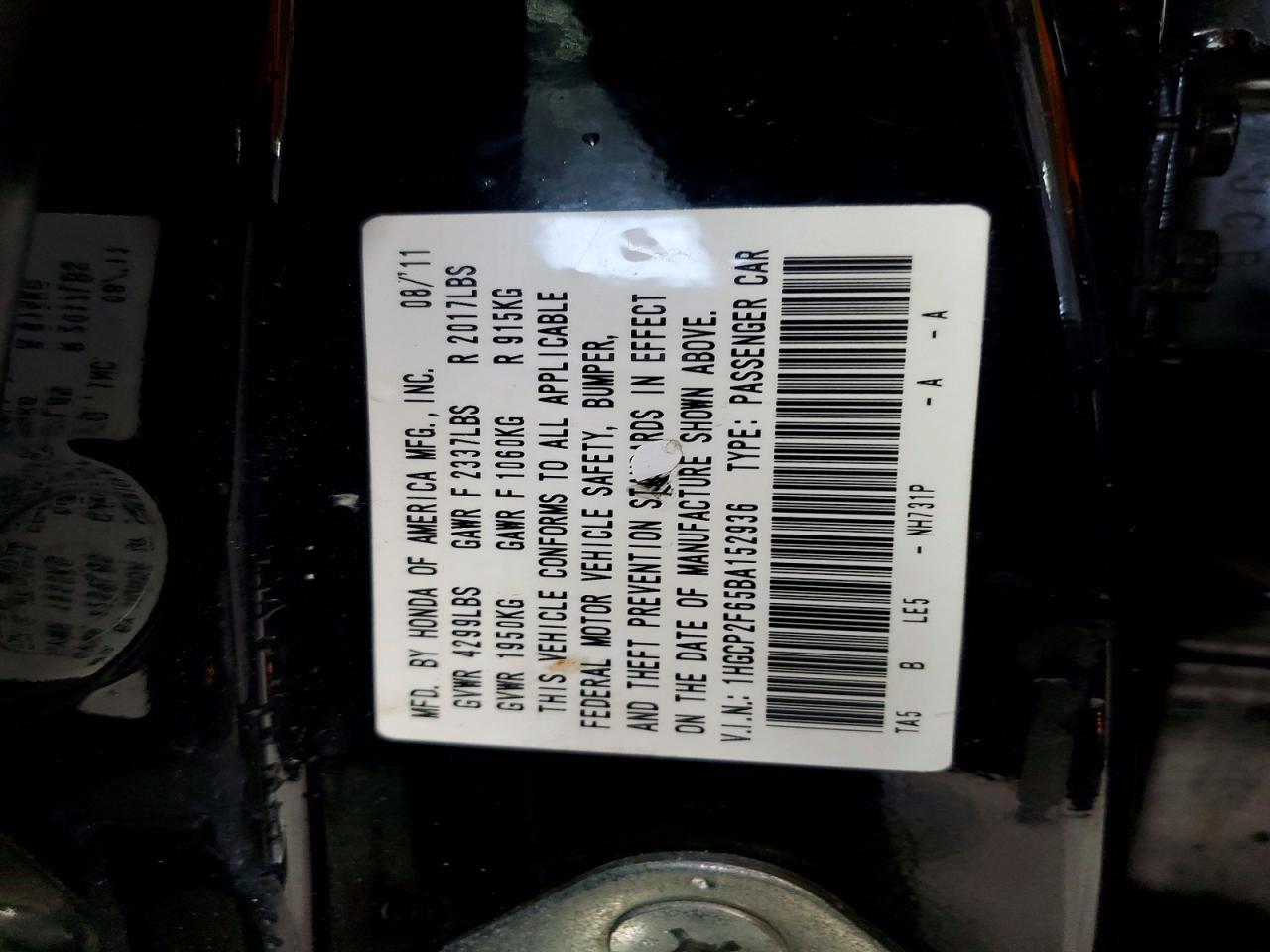 2011 Honda Accord Black vin: 1HGCP2F65BA152936