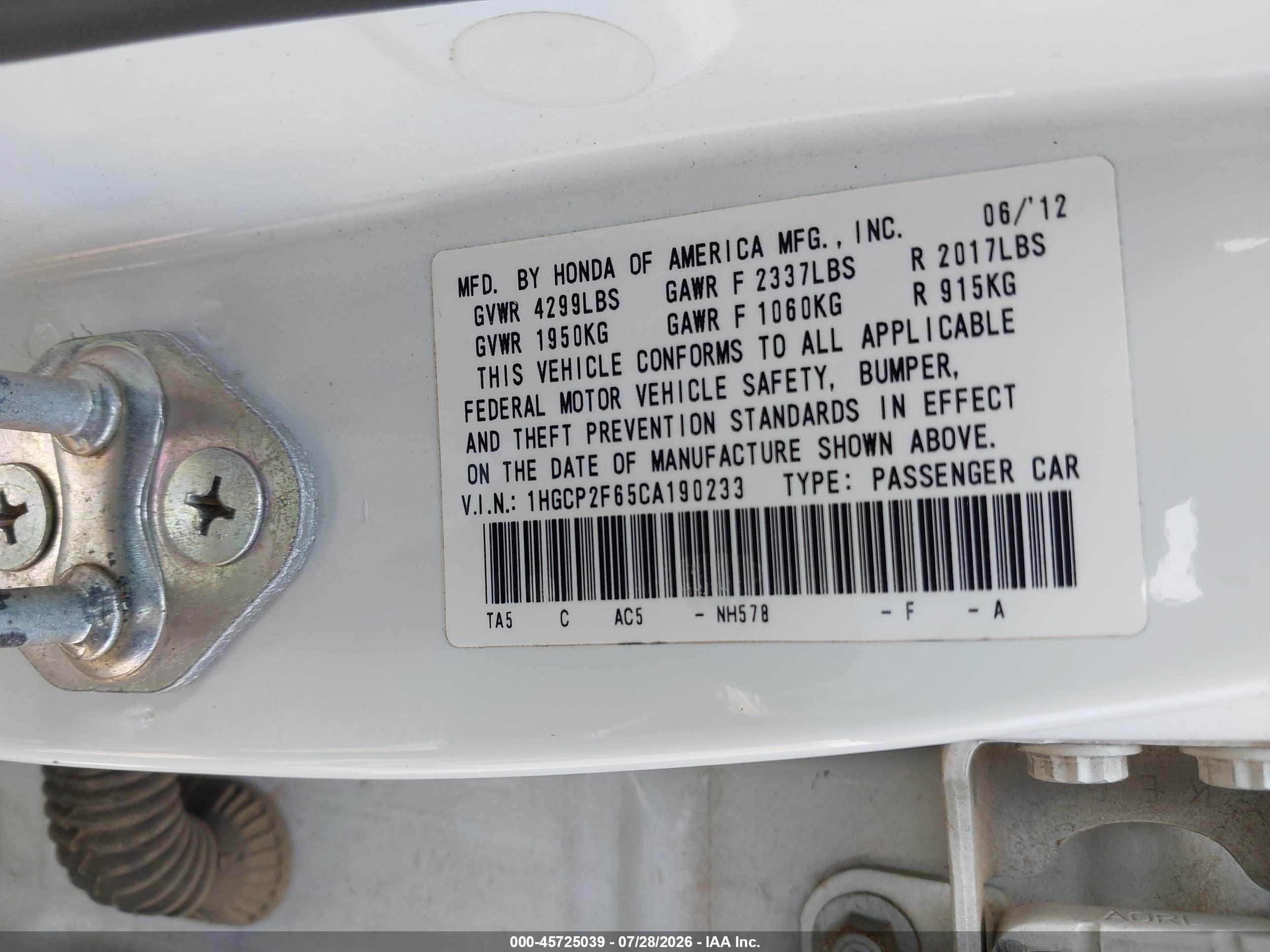 2012 Honda Accord 2.4 Se White vin: 1HGCP2F65CA190233