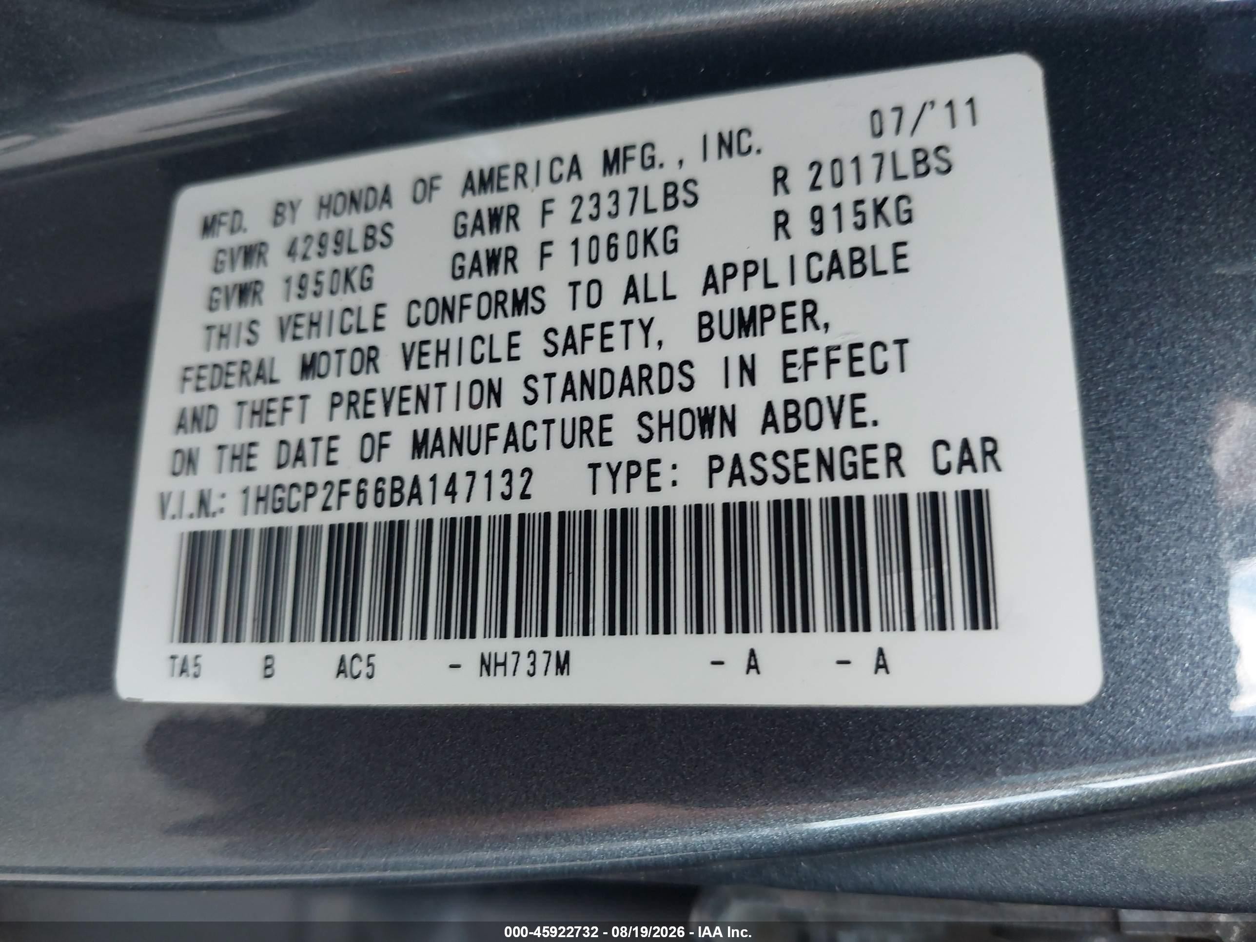 2011 Honda Accord 2.4 Se Gray vin: 1HGCP2F66BA147132
