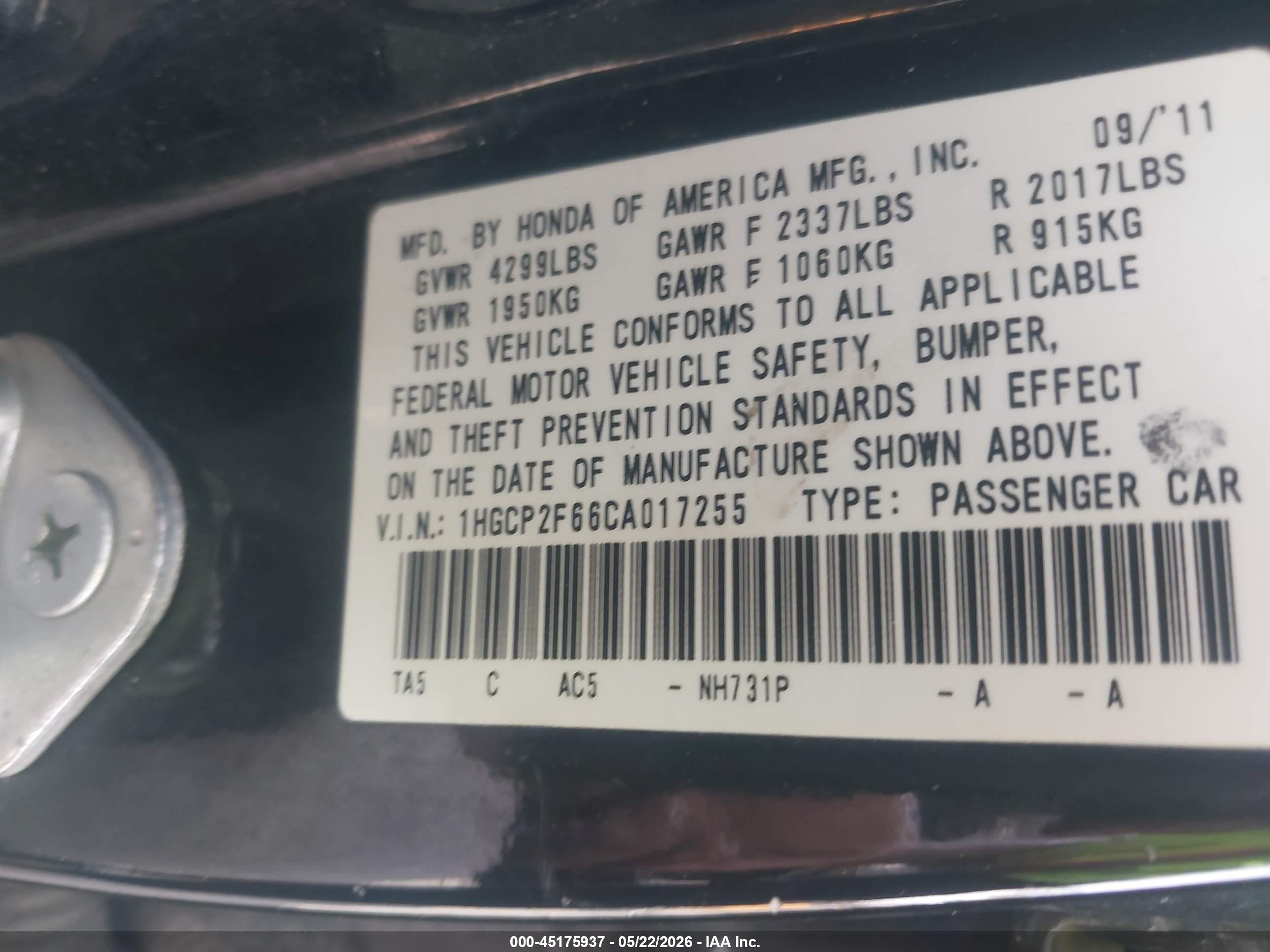2012 Honda Accord 2.4 Se Черный vin: 1HGCP2F66CA017255