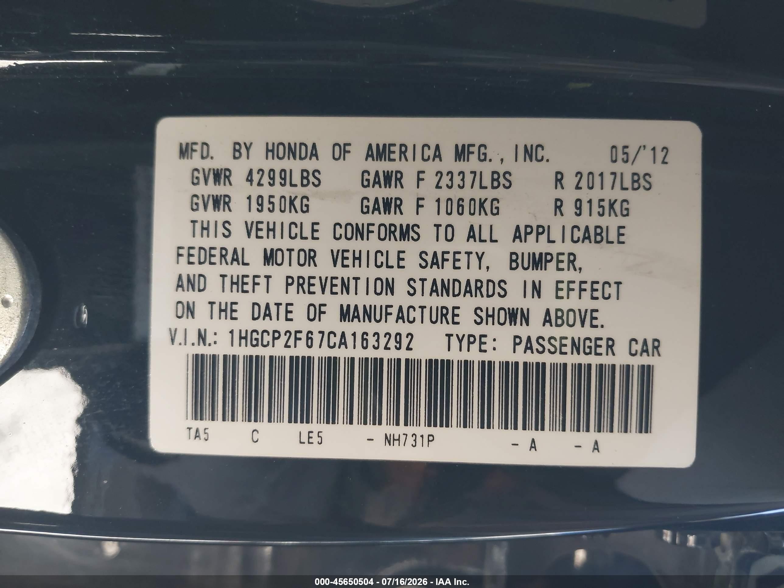 2012 Honda Accord 2.4 Se Black vin: 1HGCP2F67CA163292