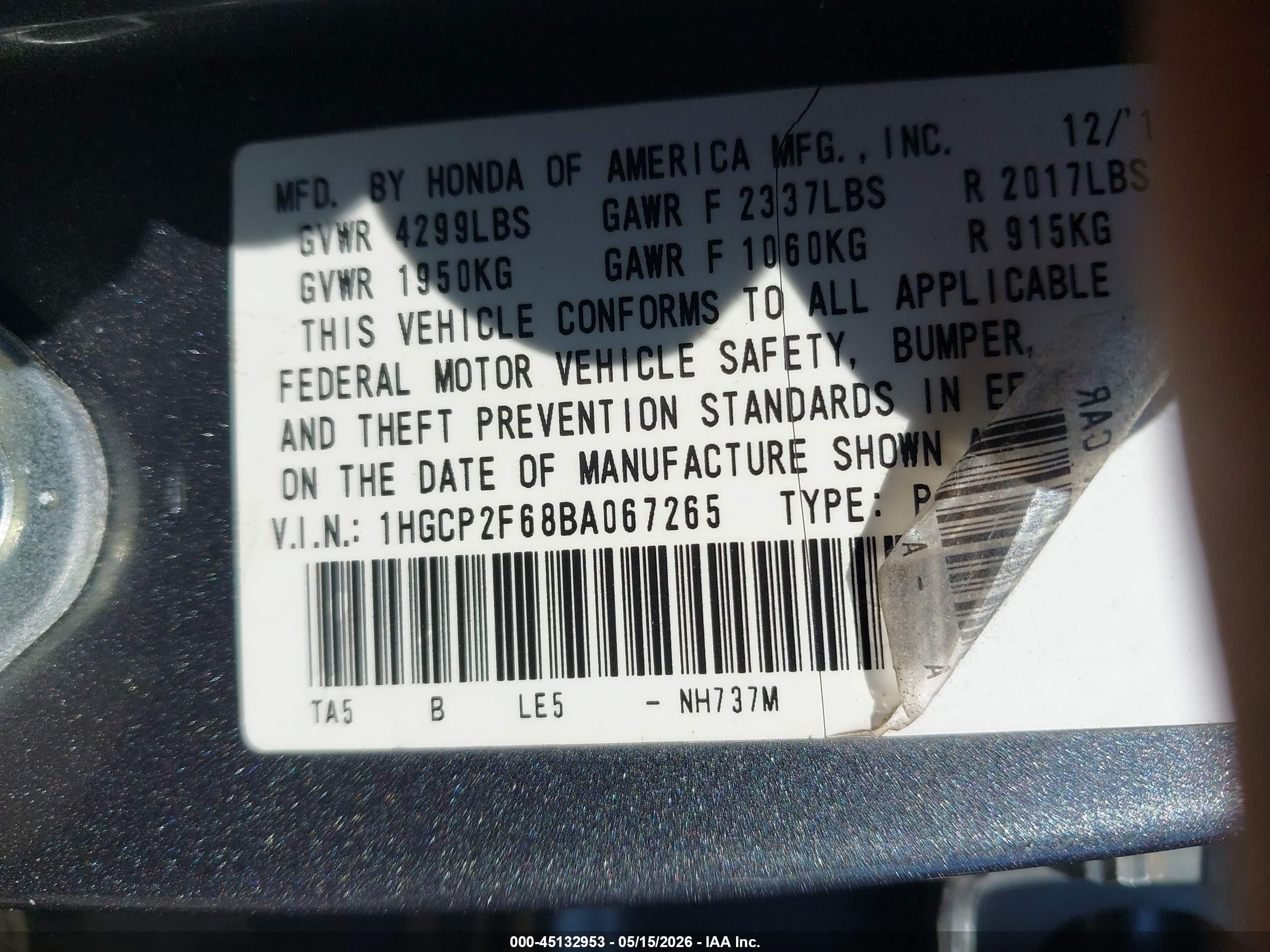 2011 Honda Accord 2.4 Se Серый vin: 1HGCP2F68BA067265