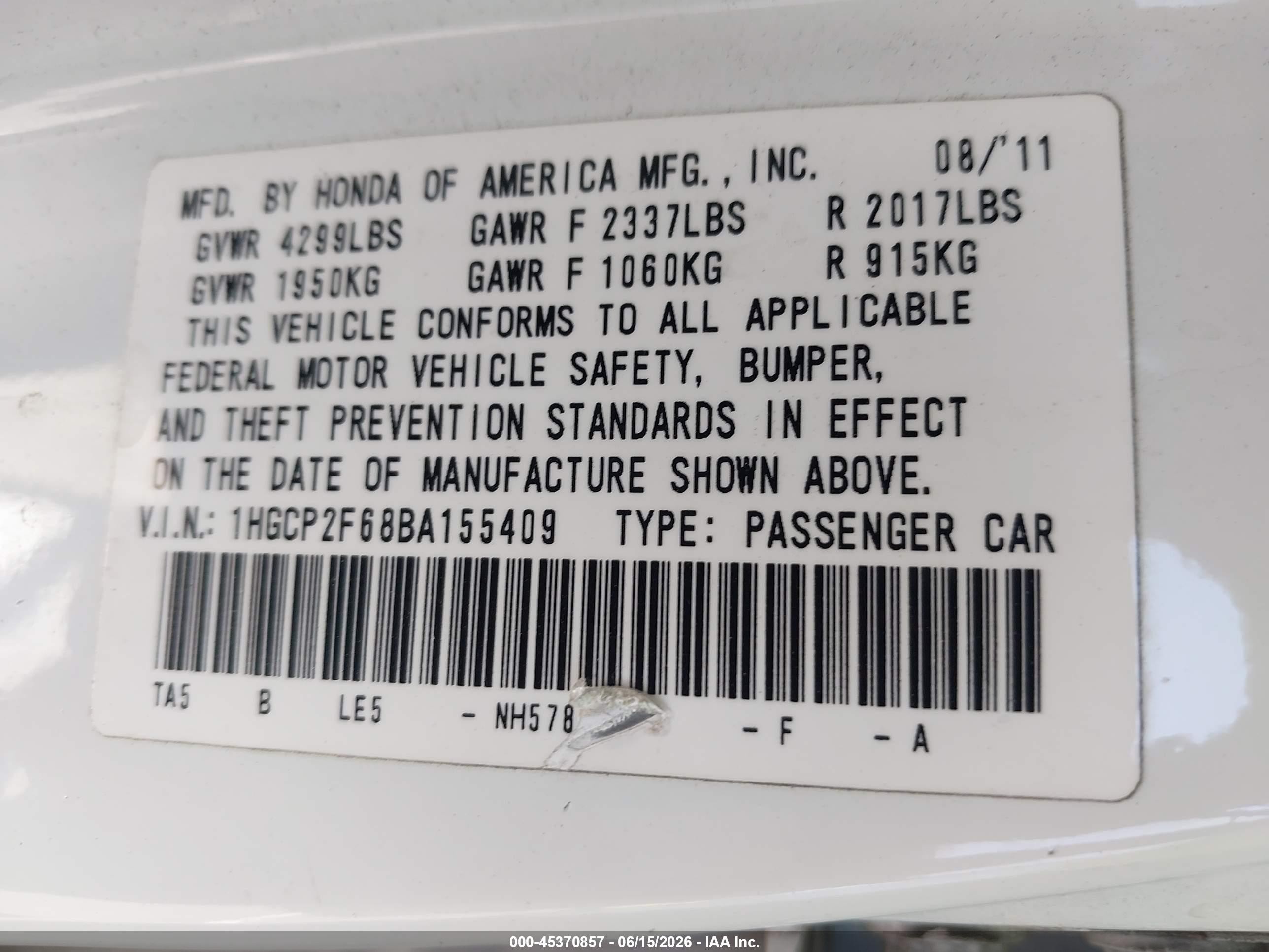 2011 Honda Accord 2.4 Se White vin: 1HGCP2F68BA155409