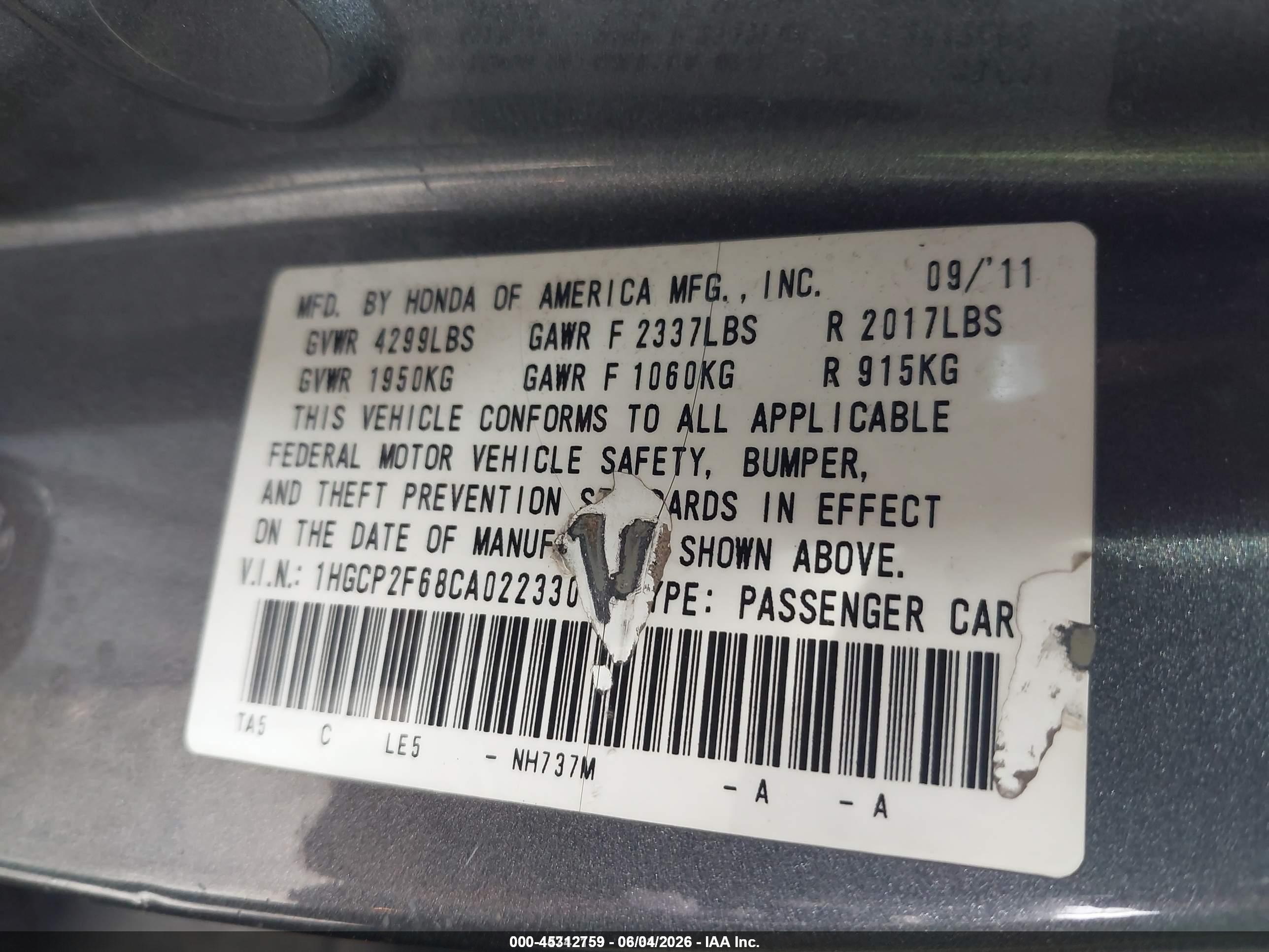 2012 Honda Accord 2.4 Se Gray vin: 1HGCP2F68CA022330