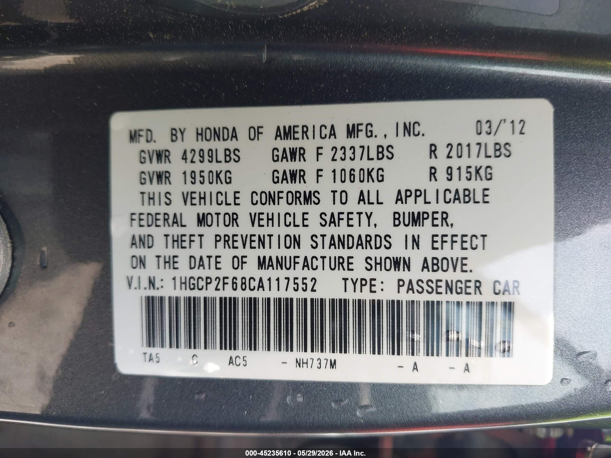 2012 Honda Accord 2.4 Se Gray vin: 1HGCP2F68CA117552