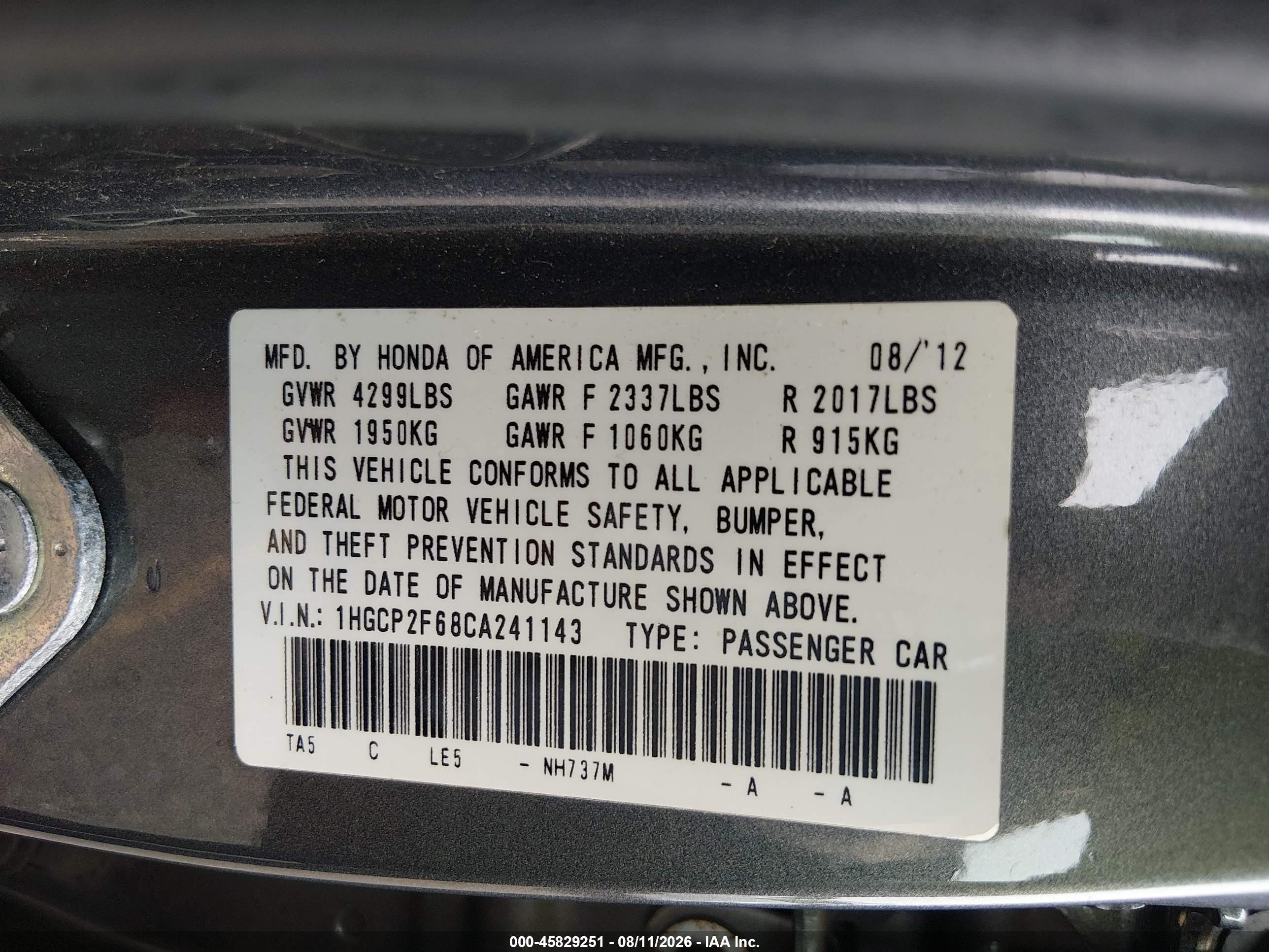 2012 Honda Accord 2.4 Se Gray vin: 1HGCP2F68CA241143