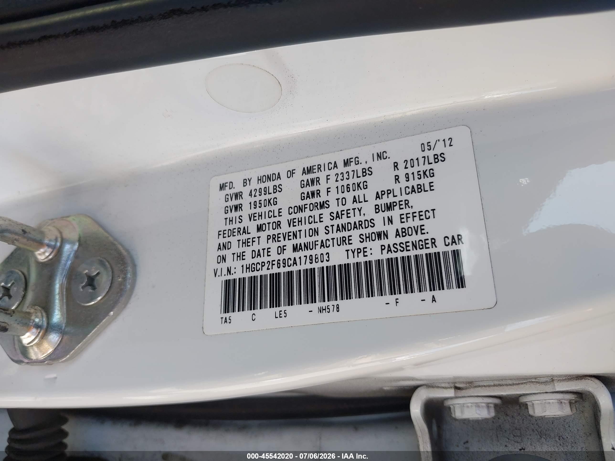2012 Honda Accord 2.4 Se Белый vin: 1HGCP2F69CA179803