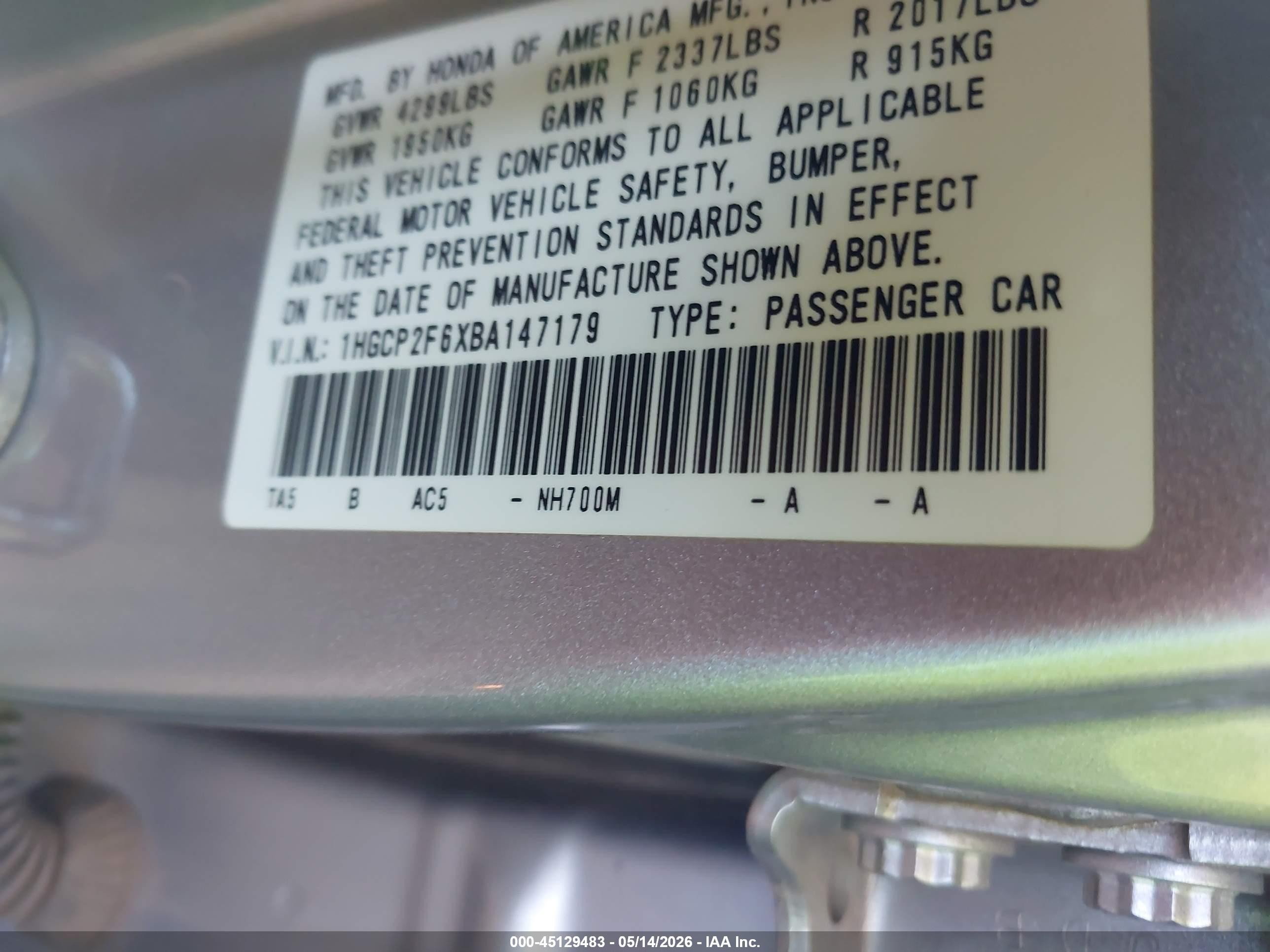 2011 Honda Accord 2.4 Se Серый vin: 1HGCP2F6XBA147179