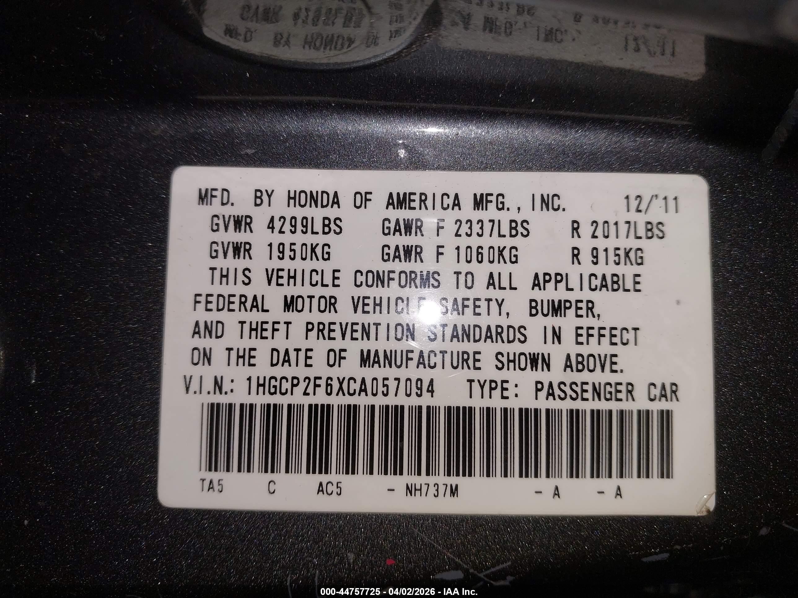 2012 Honda Accord 2.4 Se Серый vin: 1HGCP2F6XCA057094