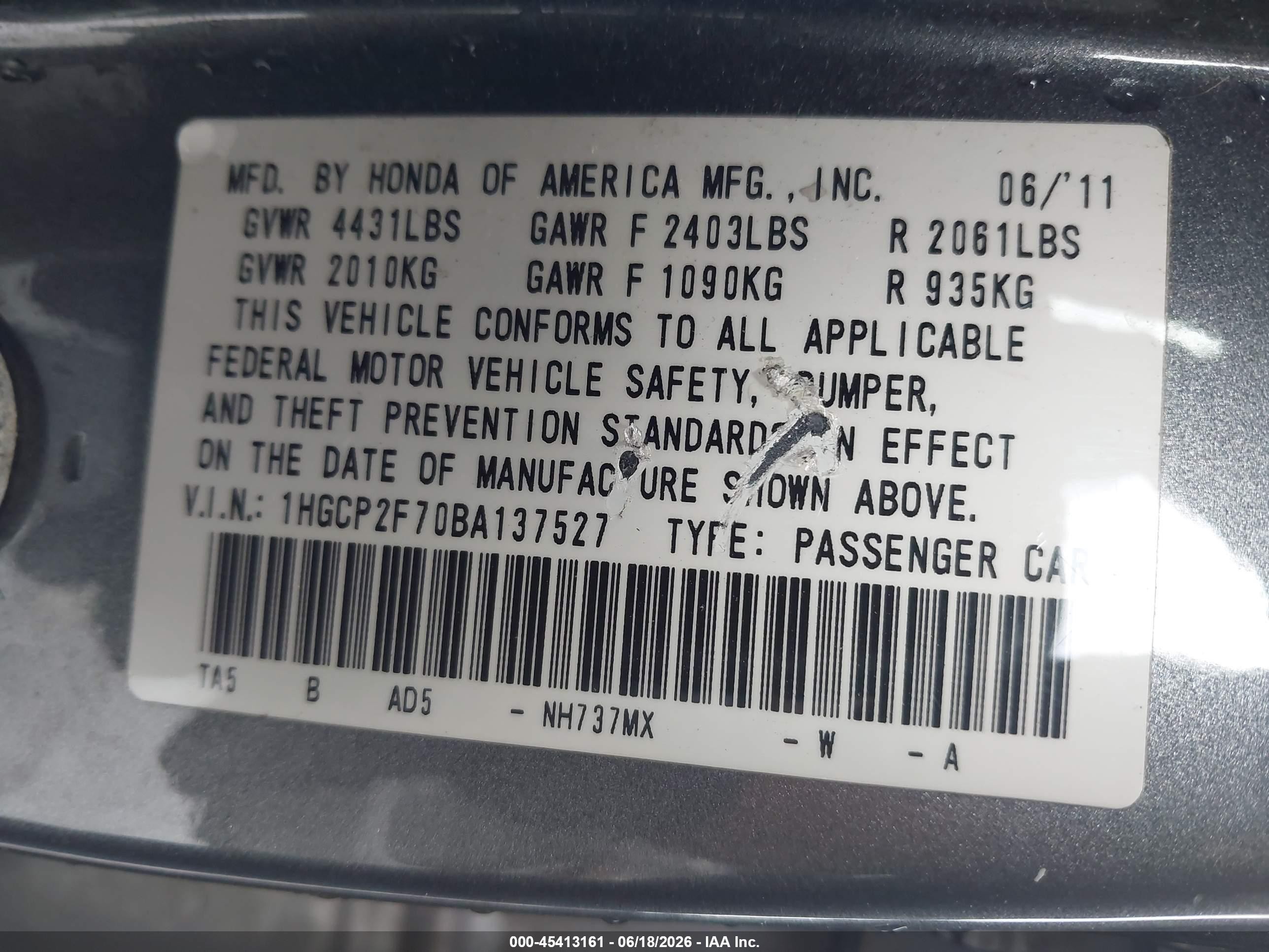 2011 Honda Accord 2.4 Ex Gray vin: 1HGCP2F70BA137527