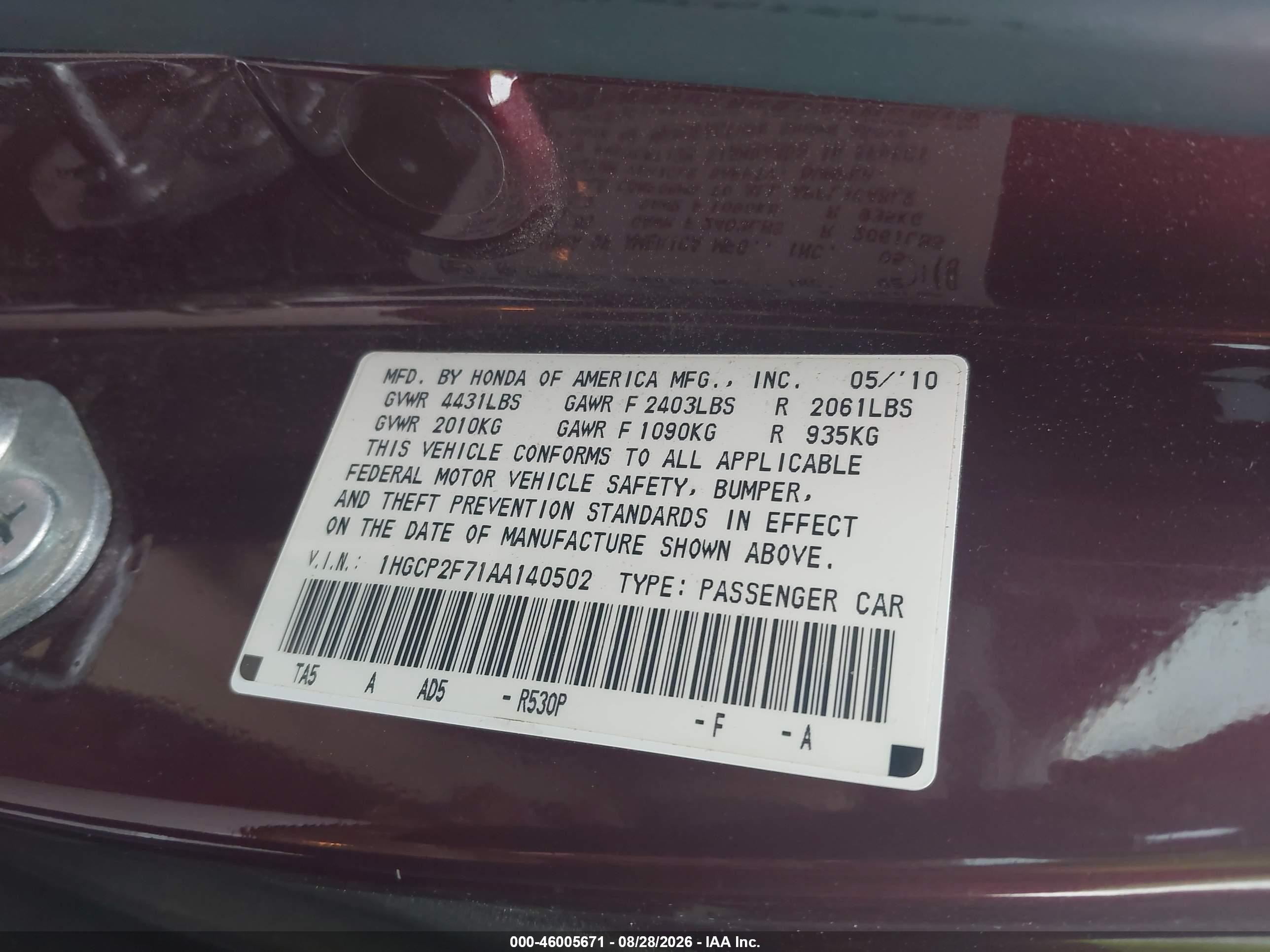 2010 Honda Accord 2.4 Ex Burgundy vin: 1HGCP2F71AA140502