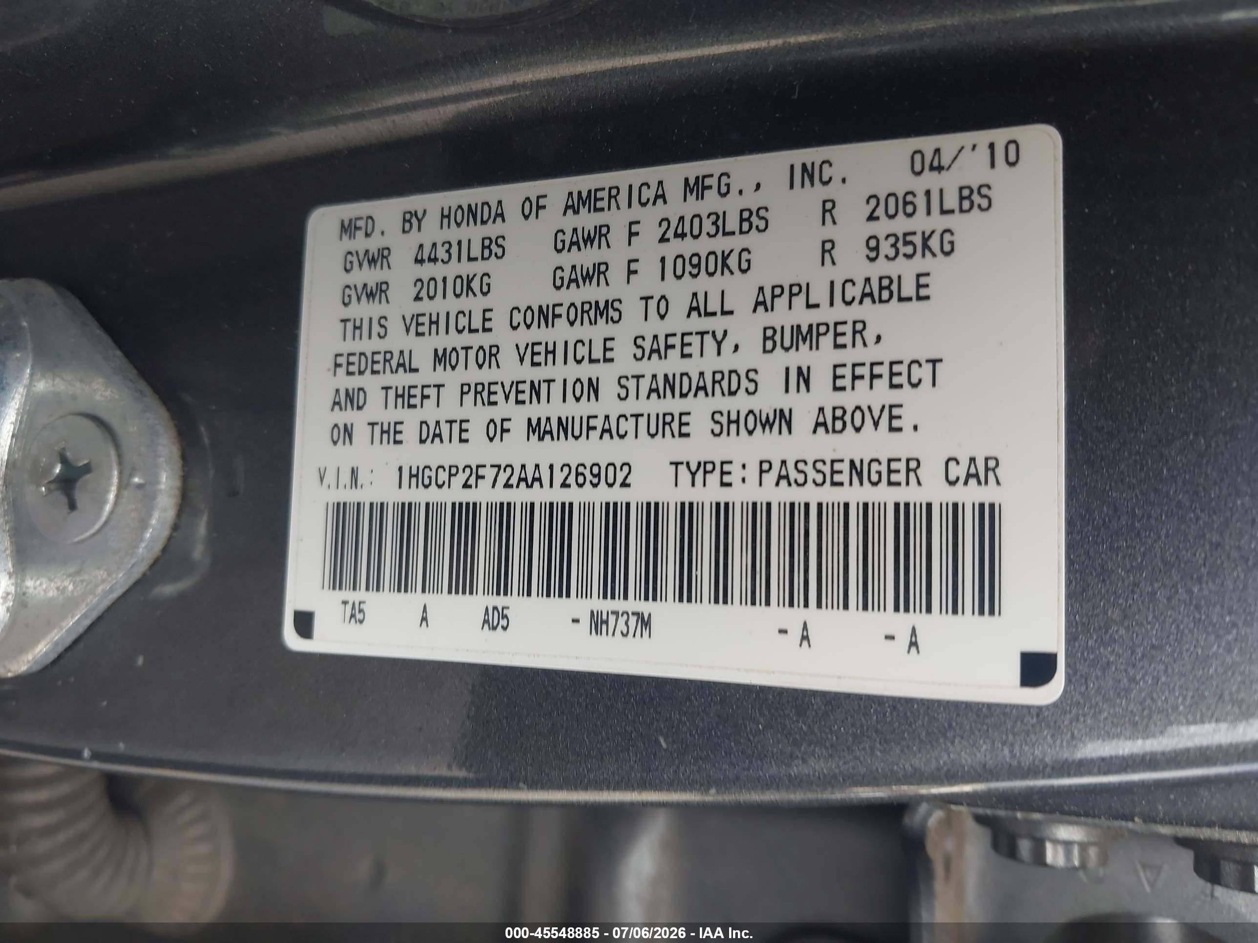 2010 Honda Accord 2.4 Ex Gray vin: 1HGCP2F72AA126902