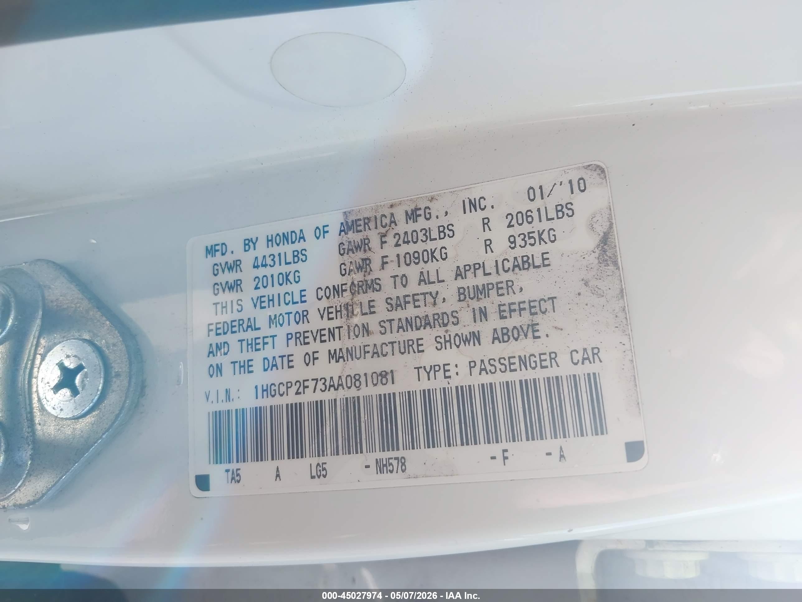 2010 Honda Accord 2.4 Ex White vin: 1HGCP2F73AA081081