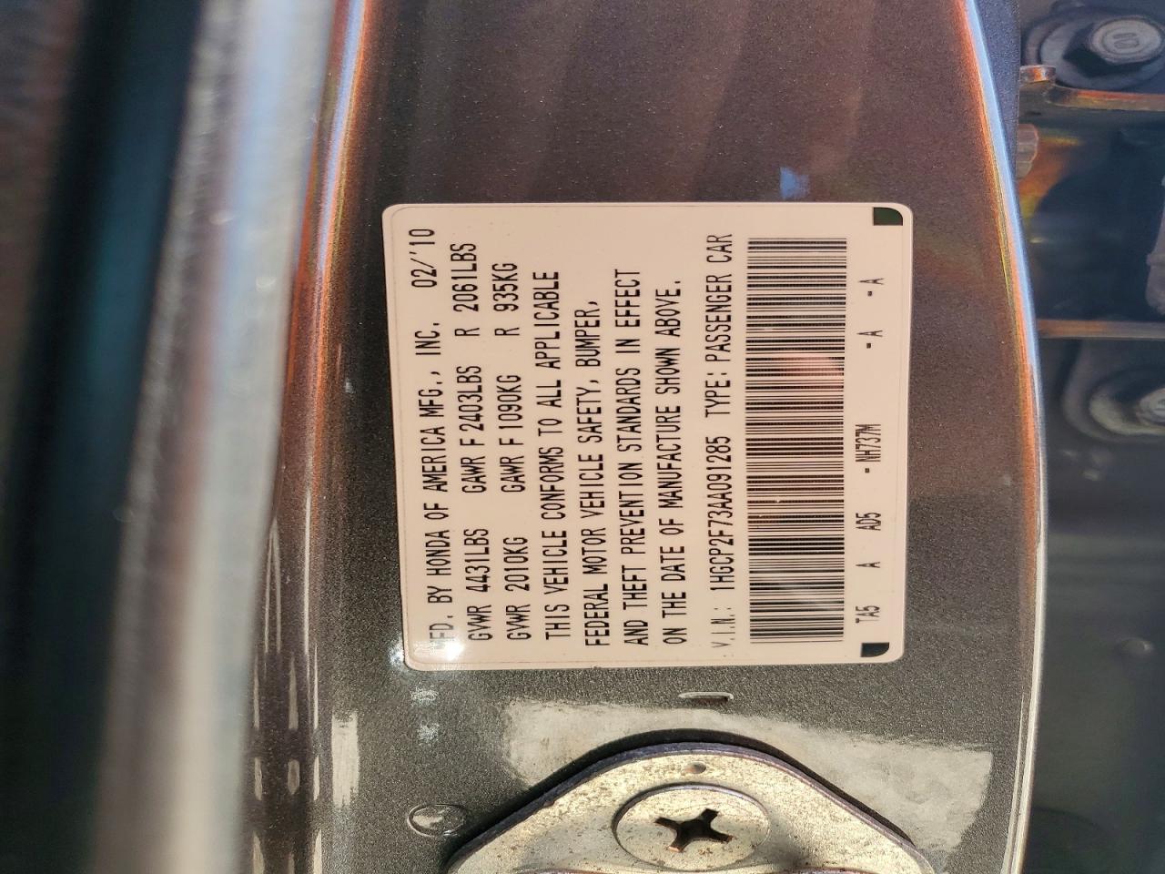 2010 Hond Accord Gray vin: 1HGCP2F73AA091285