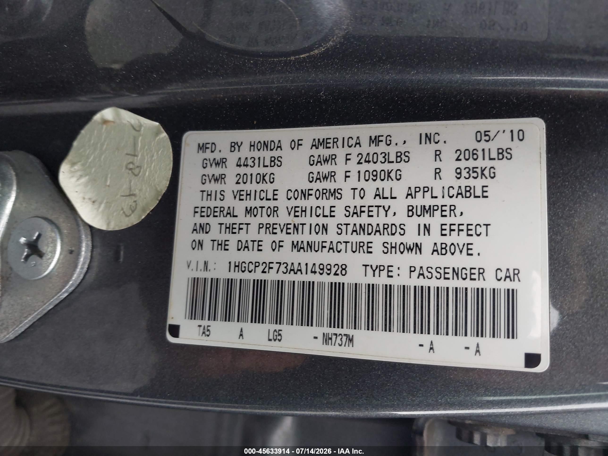 2010 Honda Accord 2.4 Ex Gray vin: 1HGCP2F73AA149928