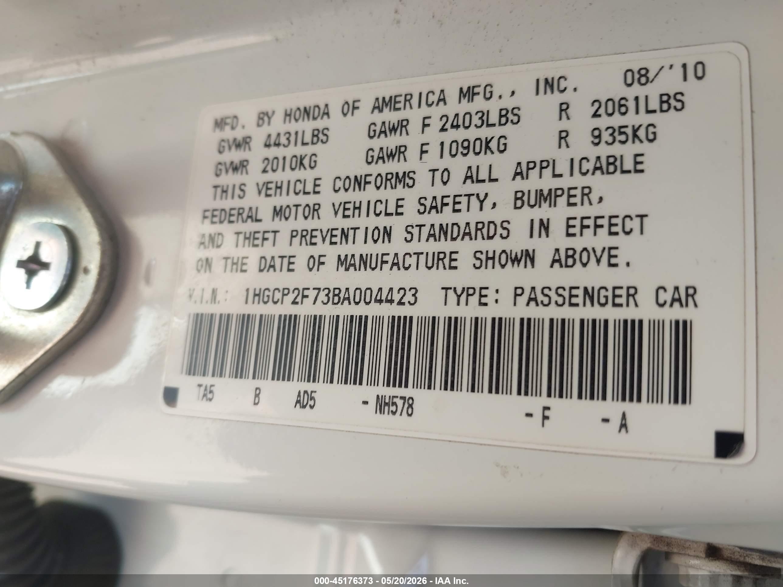 2011 Honda Accord 2.4 Ex White vin: 1HGCP2F73BA004423