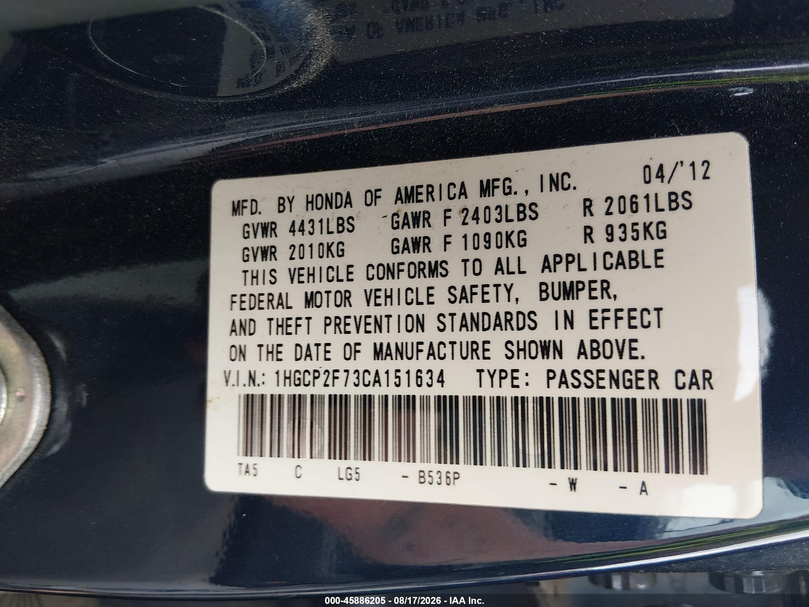 2012 Honda Accord 2.4 Ex Blue vin: 1HGCP2F73CA151634