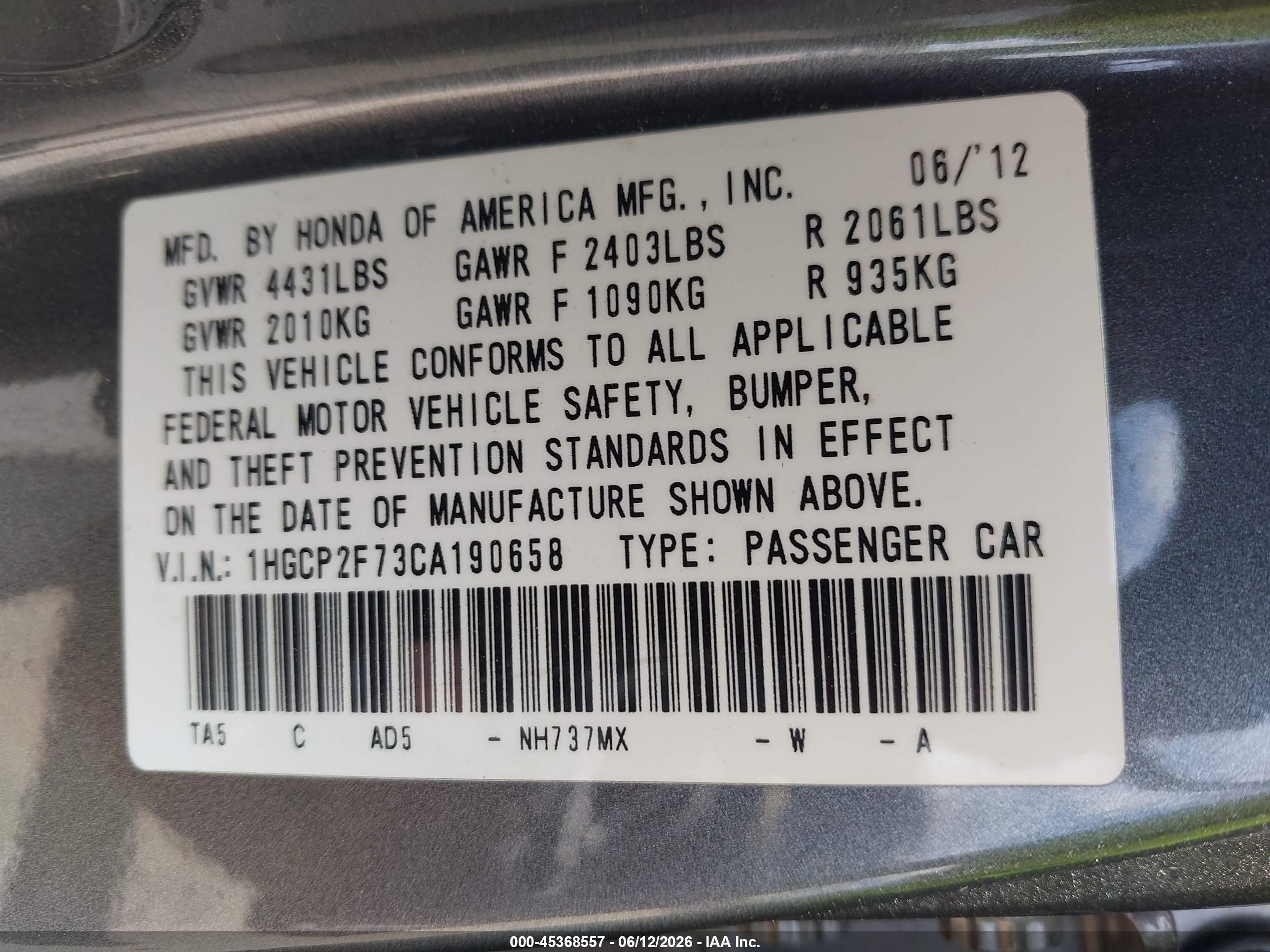2012 Honda Accord 2.4 Ex Gray vin: 1HGCP2F73CA190658