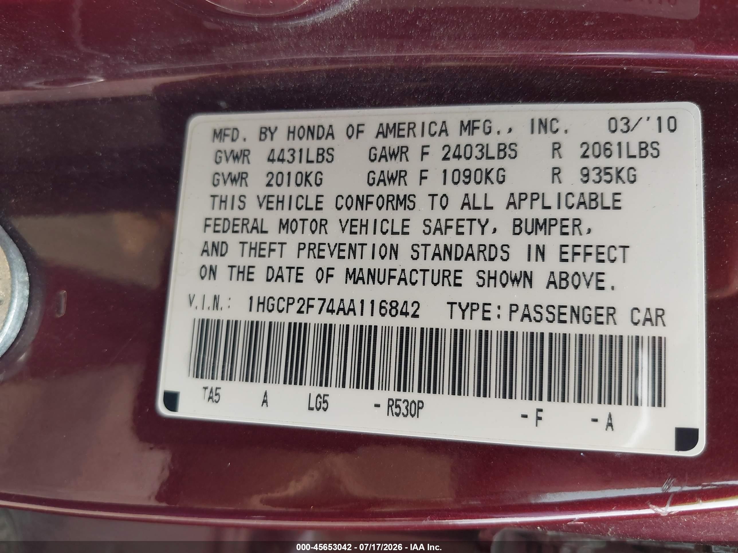 2010 Honda Accord 2.4 Ex Красный vin: 1HGCP2F74AA116842