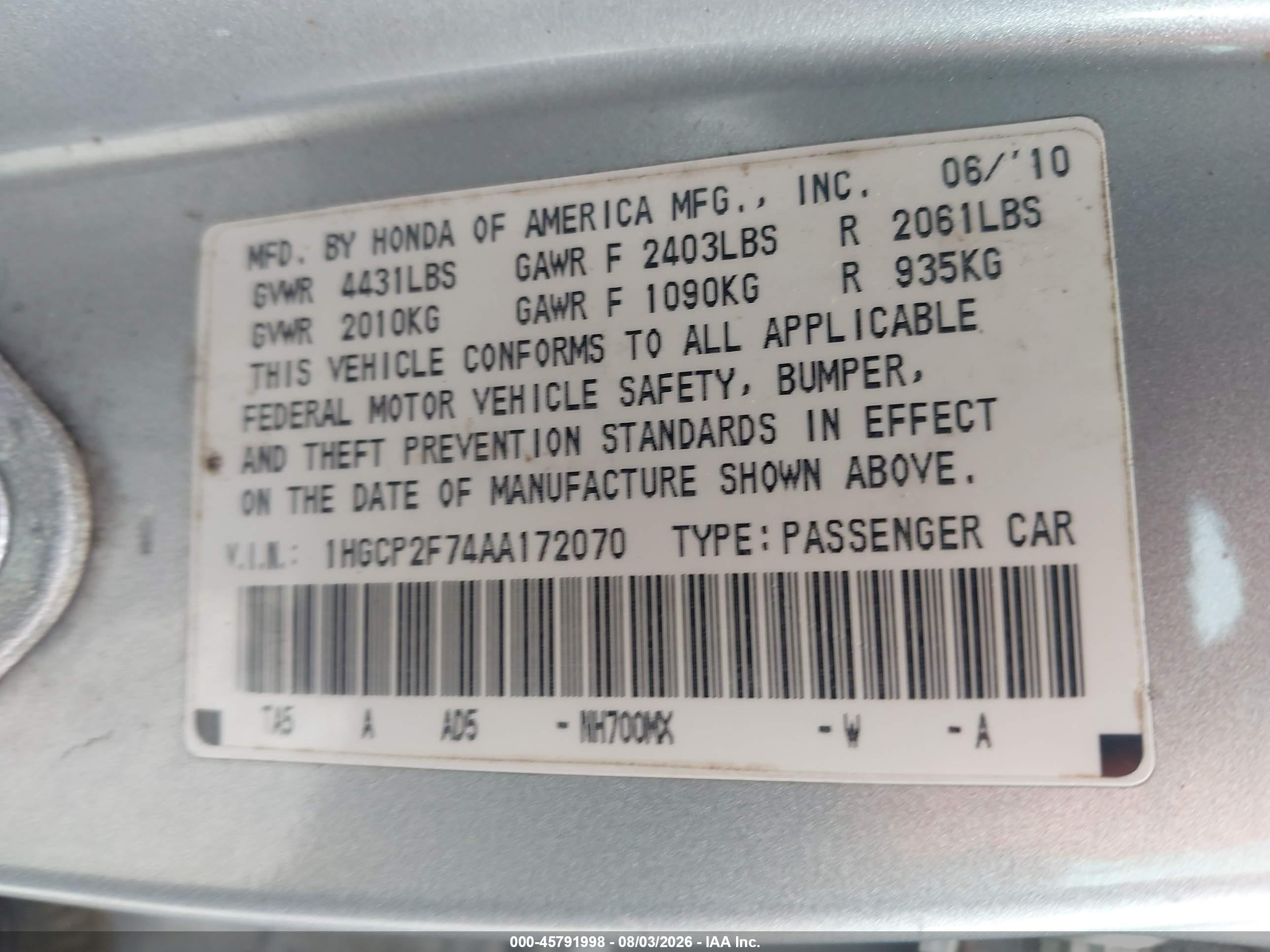 2010 Honda Accord 2.4 Ex Silver vin: 1HGCP2F74AA172070