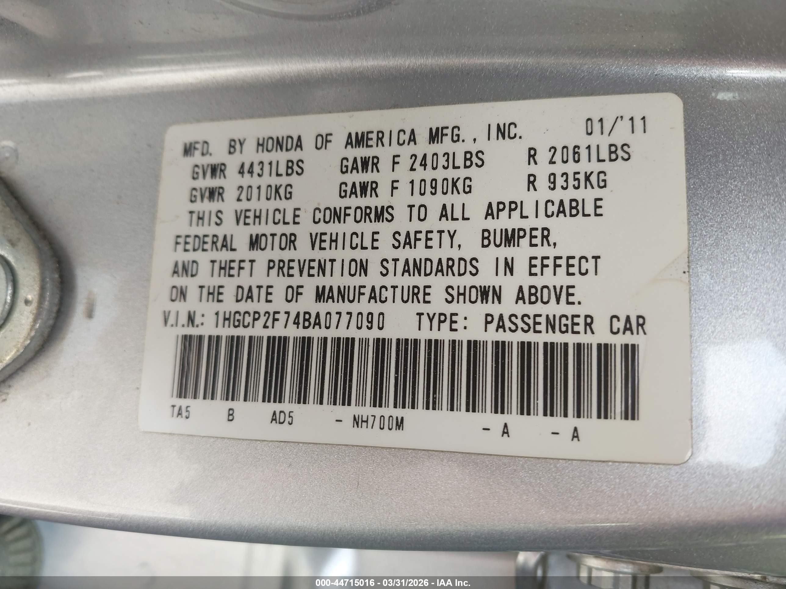 2011 Honda Accord 2.4 Ex Silver vin: 1HGCP2F74BA077090