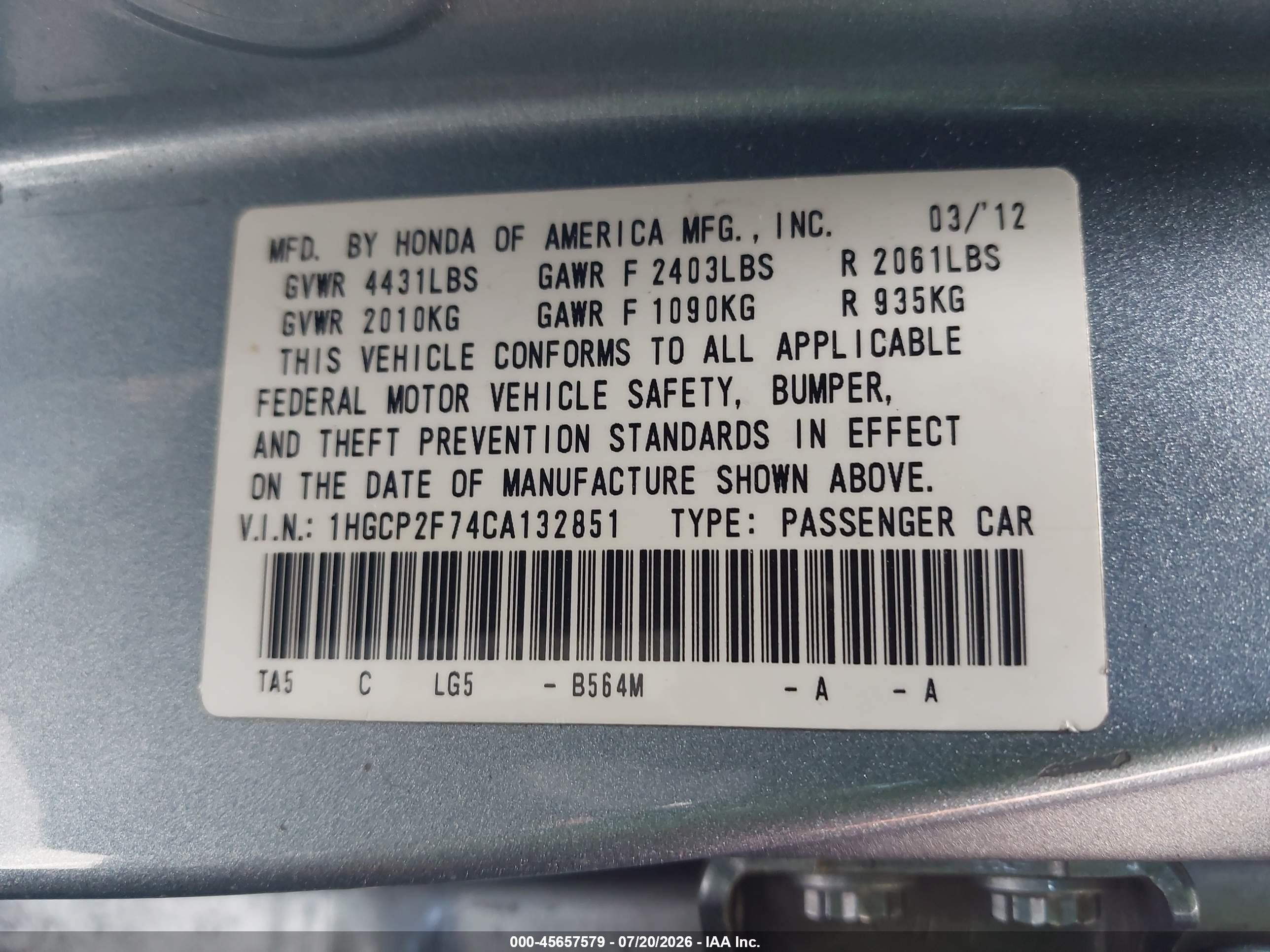 2012 Honda Accord 2.4 Ex Blue vin: 1HGCP2F74CA132851