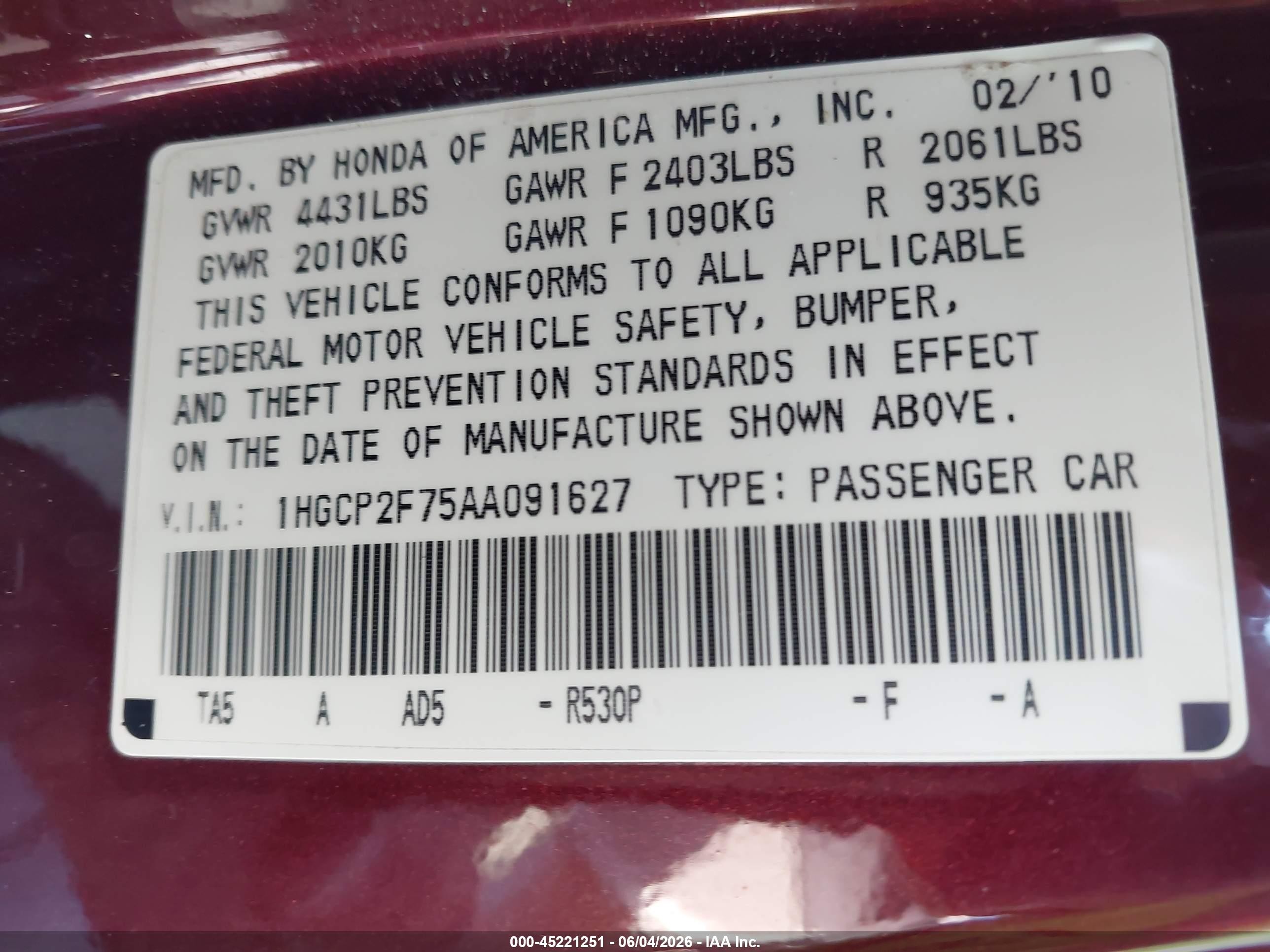 2010 Honda Accord 2.4 Ex Burgundy vin: 1HGCP2F75AA091627