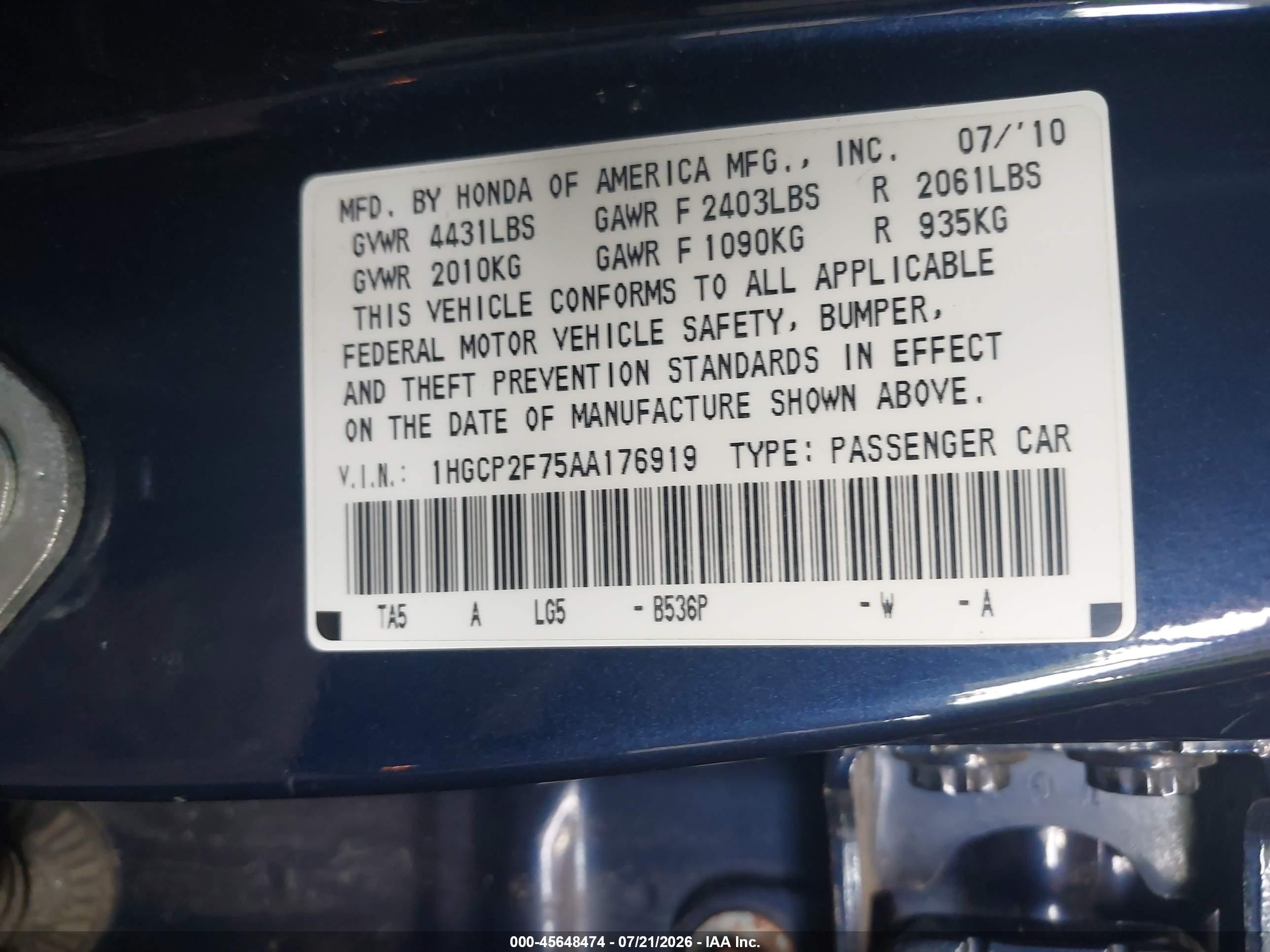 2010 Honda Accord 2.4 Ex Dark Blue vin: 1HGCP2F75AA176919