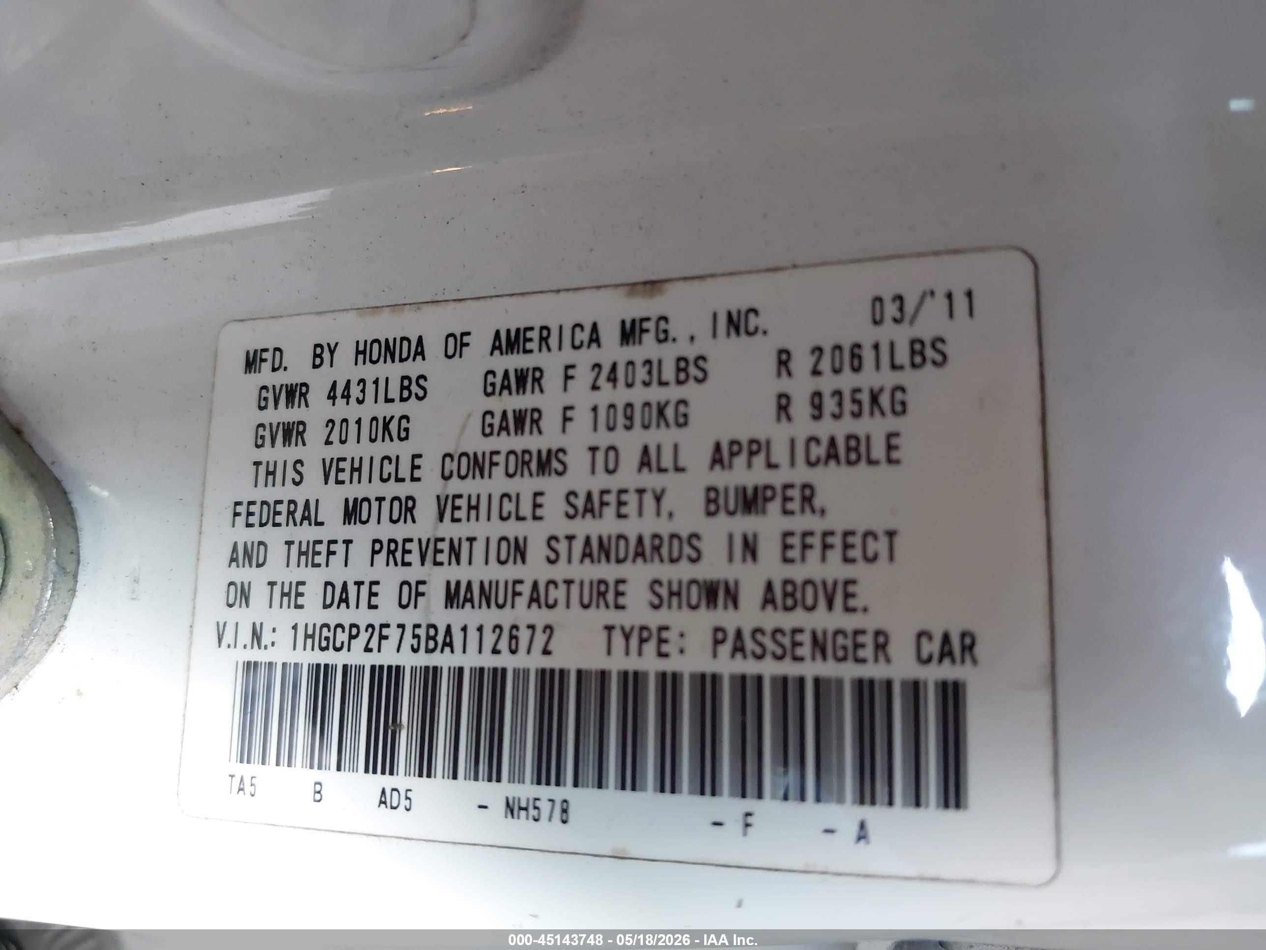 2011 Honda Accord 2.4 Ex White vin: 1HGCP2F75BA112672