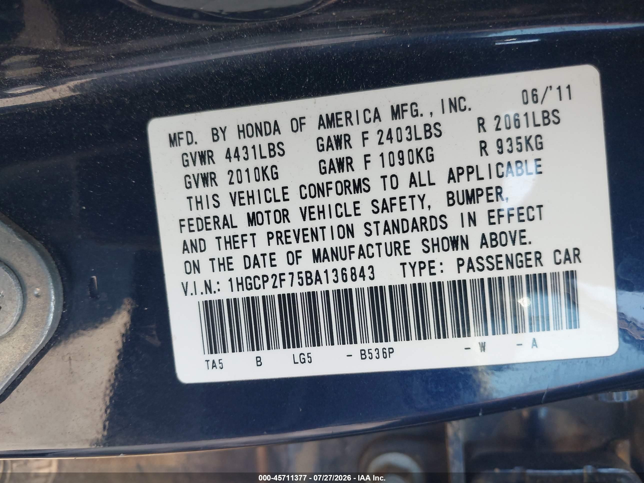 2011 Honda Accord 2.4 Ex Dark Blue vin: 1HGCP2F75BA136843
