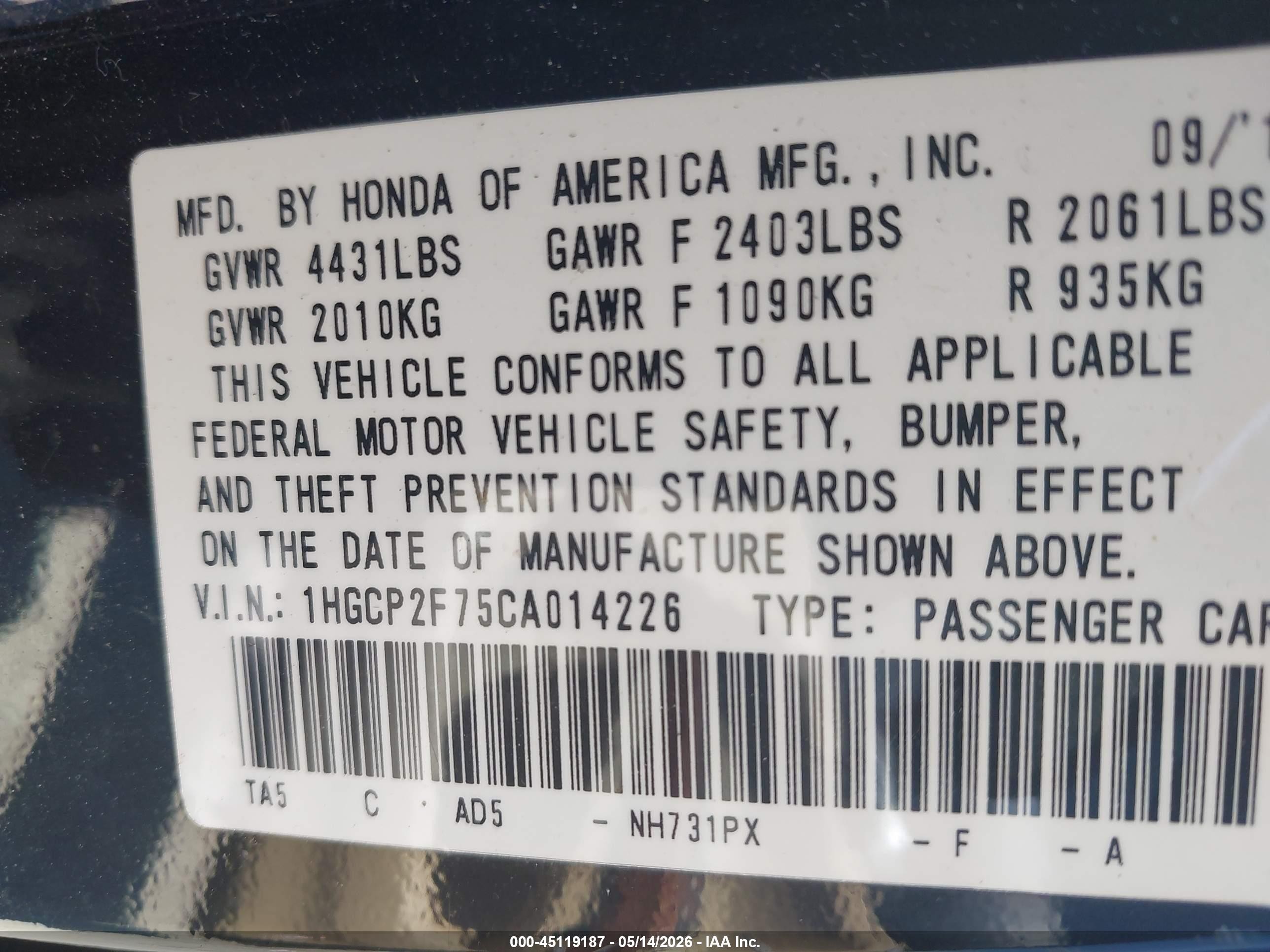 2012 Honda Accord 2.4 Ex Black vin: 1HGCP2F75CA014226