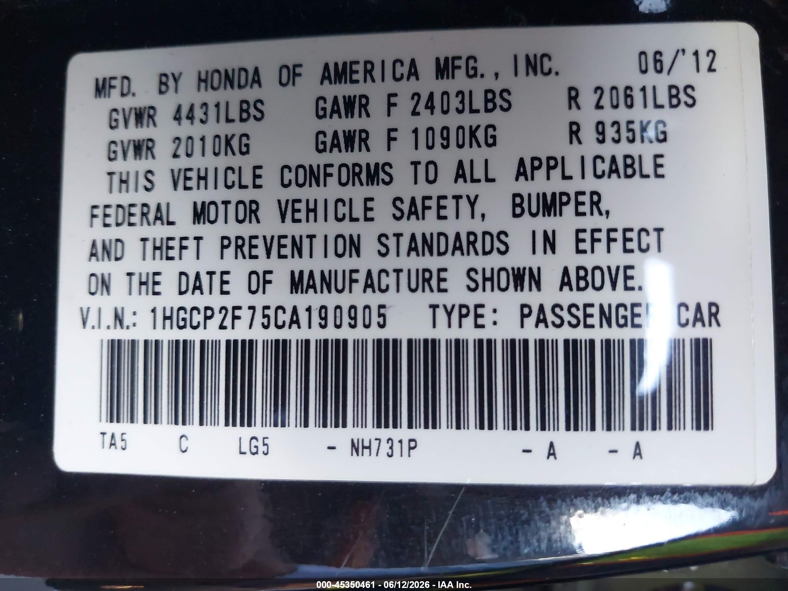 2012 Honda Accord 2.4 Ex Black vin: 1HGCP2F75CA190905