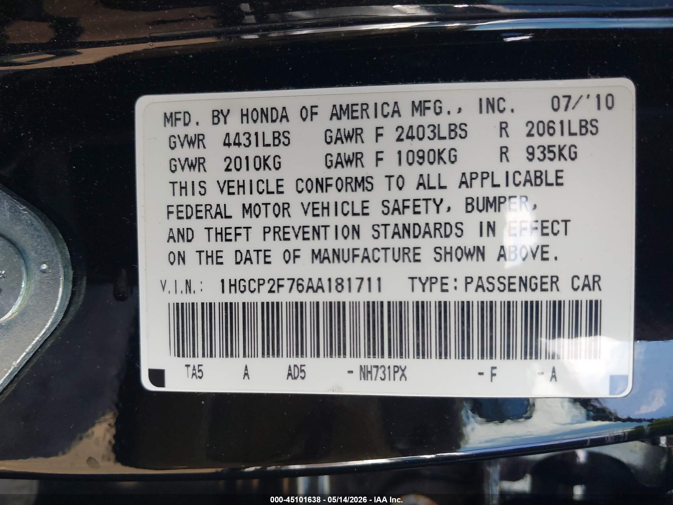 2010 Honda Accord 2.4 Ex Black vin: 1HGCP2F76AA181711