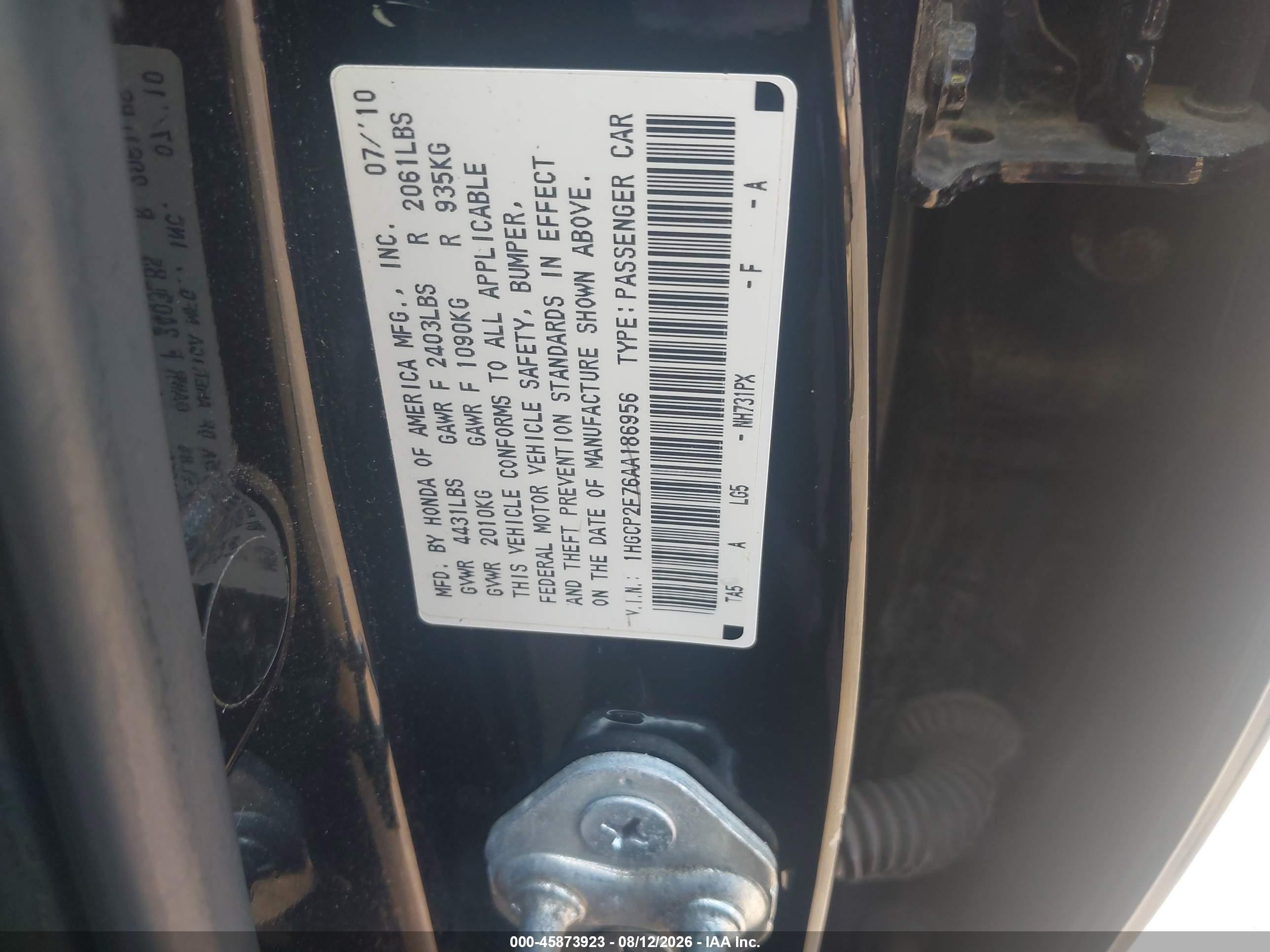 2010 Honda Accord 2.4 Ex Black vin: 1HGCP2F76AA186956
