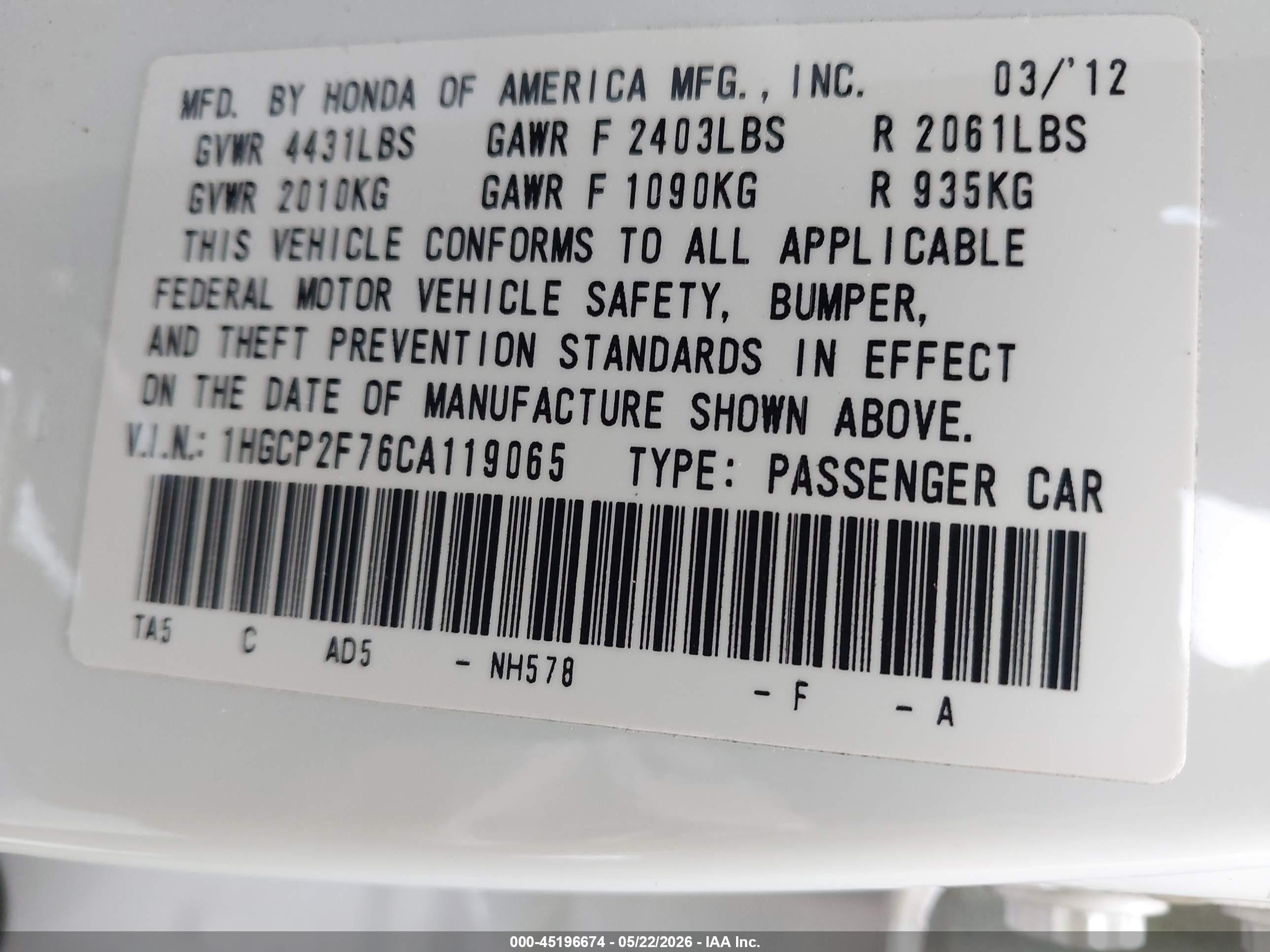 2012 Honda Accord 2.4 Ex White vin: 1HGCP2F76CA119065